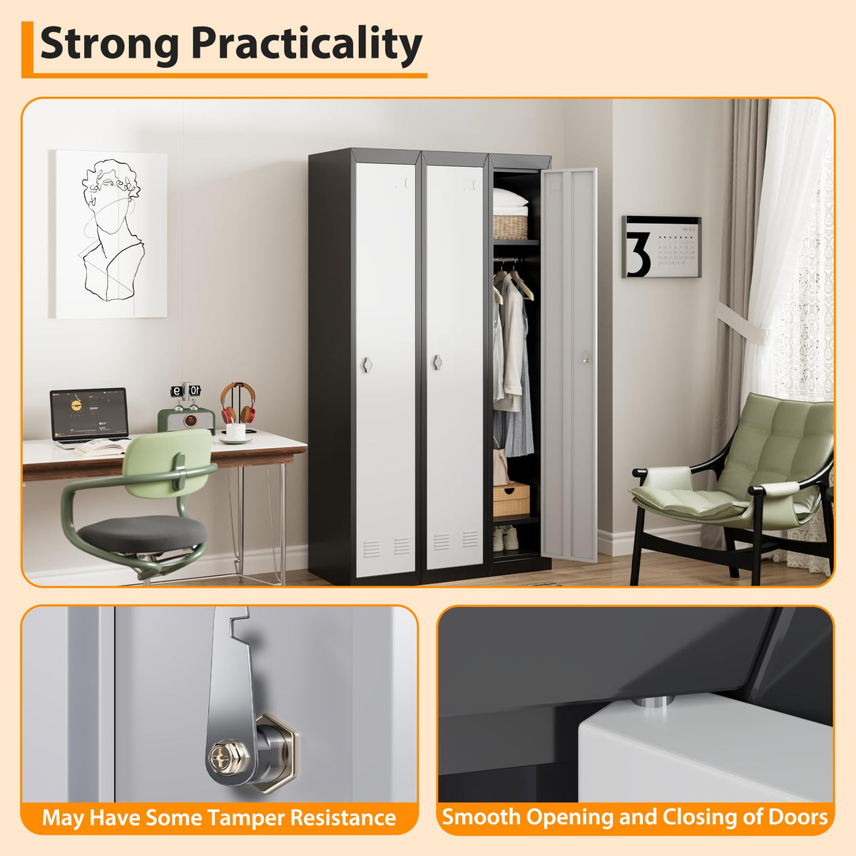 Metal Storage Locker with Doors, Lockers Featuring Shelves, Ideal for Employees and Students, Suitable for Schools, Garages, Offices, Gyms, Homes, and Warehouses, Requires Assembly, Grey and Black
