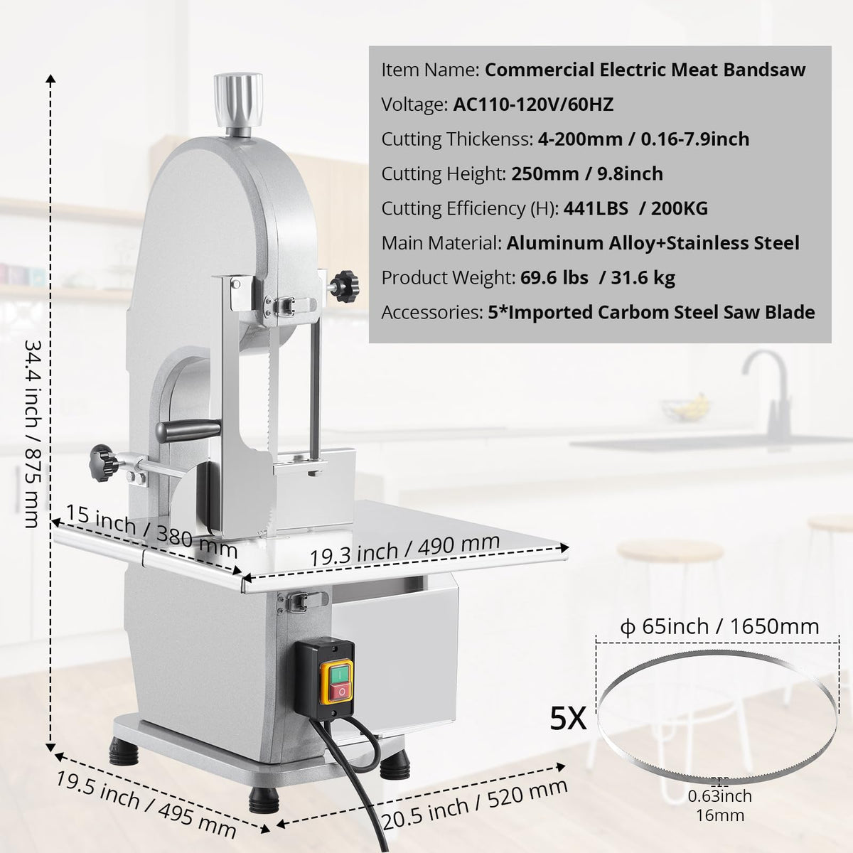 1100W Commercial Electric Meat & Bone Band Saw with Stainless Steel Table (19.3"X15"), Adjustable Thickness 0.16-7.9", Includes 5 Blades – Frozen Meat Cutter Ideal for Butcher Shops, Restaurants, Home