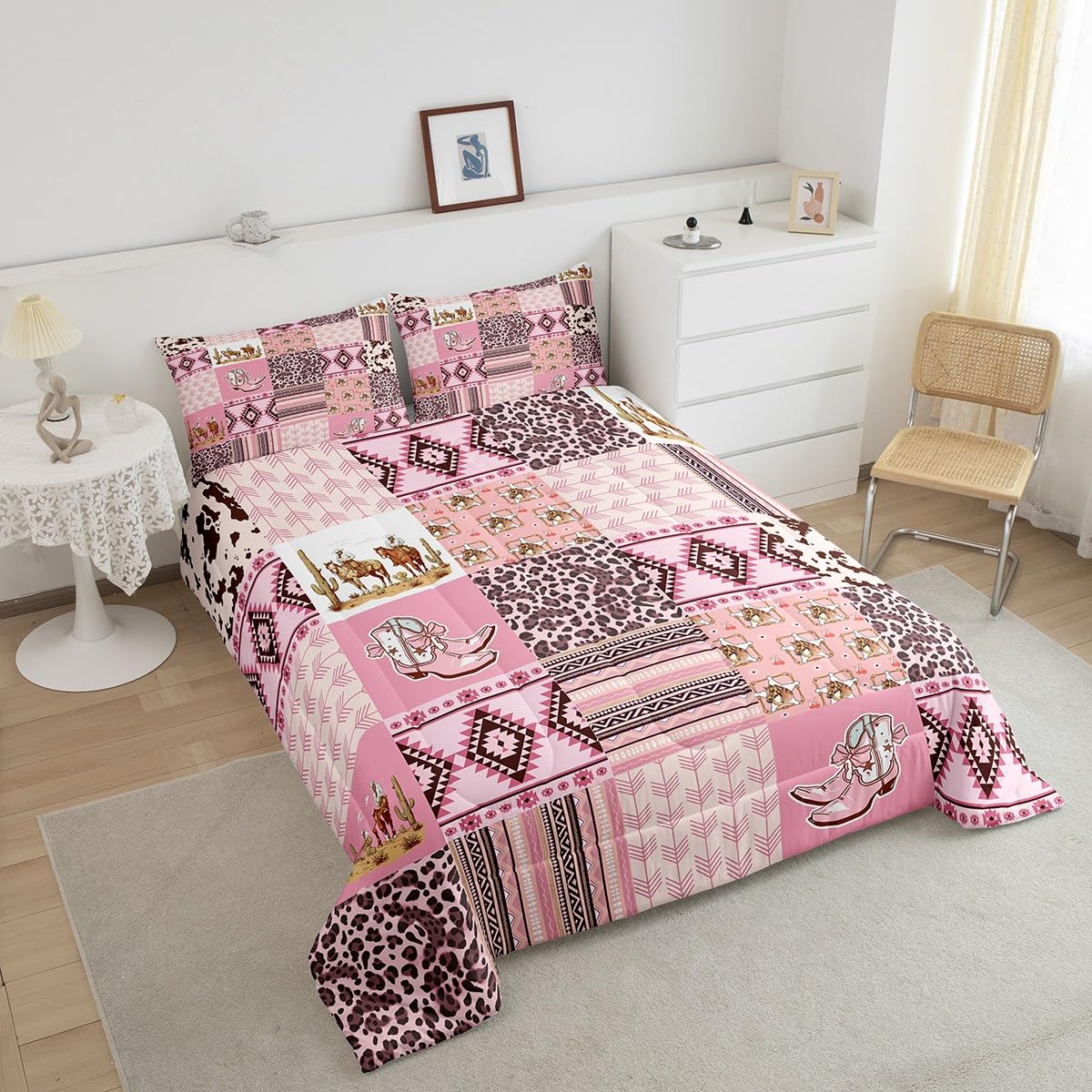 Feelyou Pink Aztec Bedding Set Queen Size, Kids Western Decor Comforter Set Wild West Cowboy Cowgirl Comforter Boho Style Duvet Insert Bed Set 3Pcs
