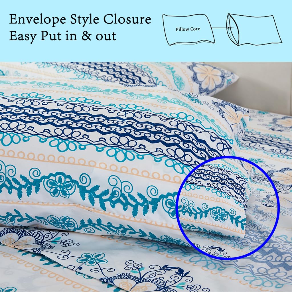JSD Blue Boho Printed Sheet Set King Size, 4 Piece Soft Floral Microfiber Sheets Extra Deep Pocket