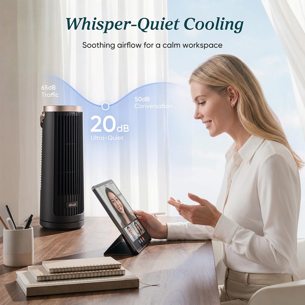 LEVOIT Tower Fan for Bedroom, 20dB Portable Fan with 23ft/s, Up to 20-Hour Battery Life, Easy-to-Carry Desk Fan, 5 Speeds 90° Oscillation, DC Motor, Night Light & Timer, Remoter, for Outdoors, Home