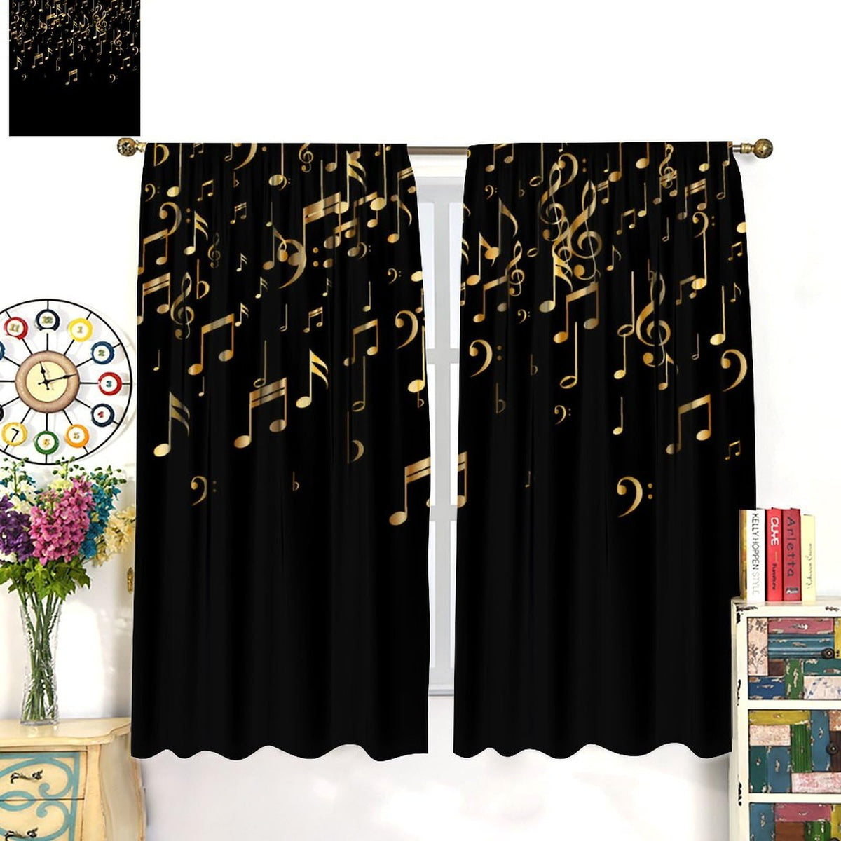 Musical Notes Curtains, Golden Music Note Print Black Background Modern Art Window Treatments Drapes for Living Room Bedroom Kitchen Home 42" W X 45" L(No Blackout)
