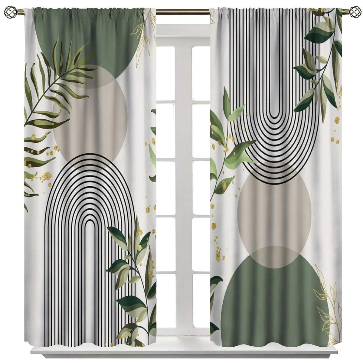 Boho Leaf Curtains, Mid Century Abstract Green Leaves Tropical Plants Modern Minimalist Window Treatments for Bedroom Living Room Kitchen Cafe Bohemian Drapes, 42x45 Inch Decor