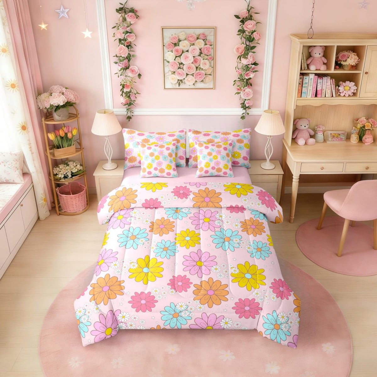 Erosebridal Cute Flower 7 Pcs Bedding Set Twin Size for Teen Girls Cartoon Floral Comforter Set with Sheets for Kids Young Women Kawaii Daisy Bed in A Bag Blue Pink Bed Sets All Season
