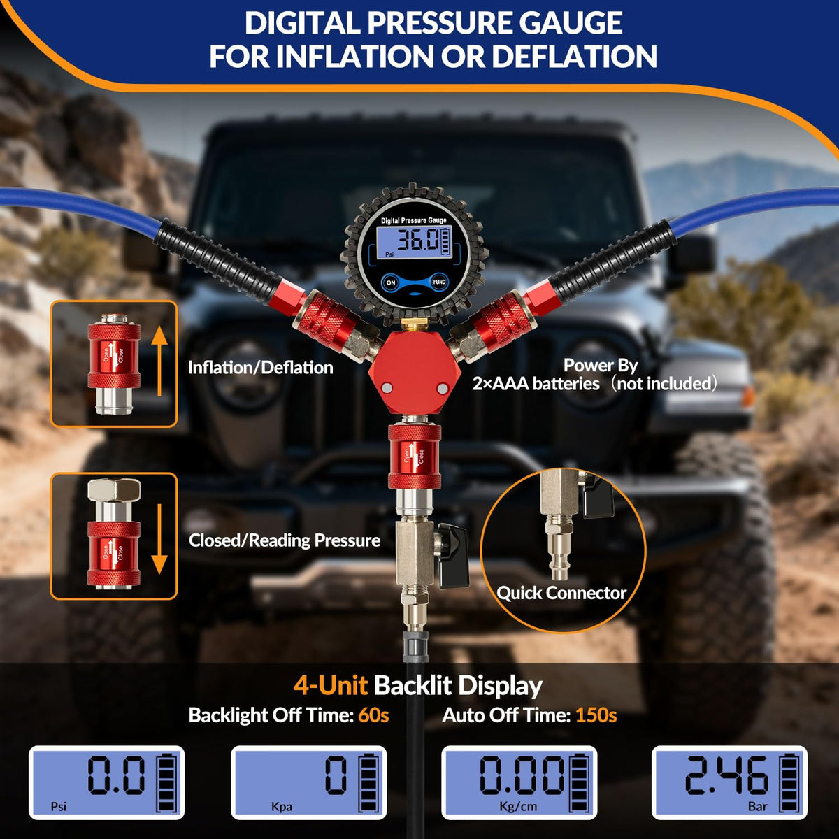 MILADO 4 Tire Inflation System, 4 Way Tire Inflator Deflator with Hard-Shell Storage Case, Off Road Tire Inflator with Gauge, Air Down Tire Deflators Kit for Trucks Jeeps Fits Up to 155" Wheelbase