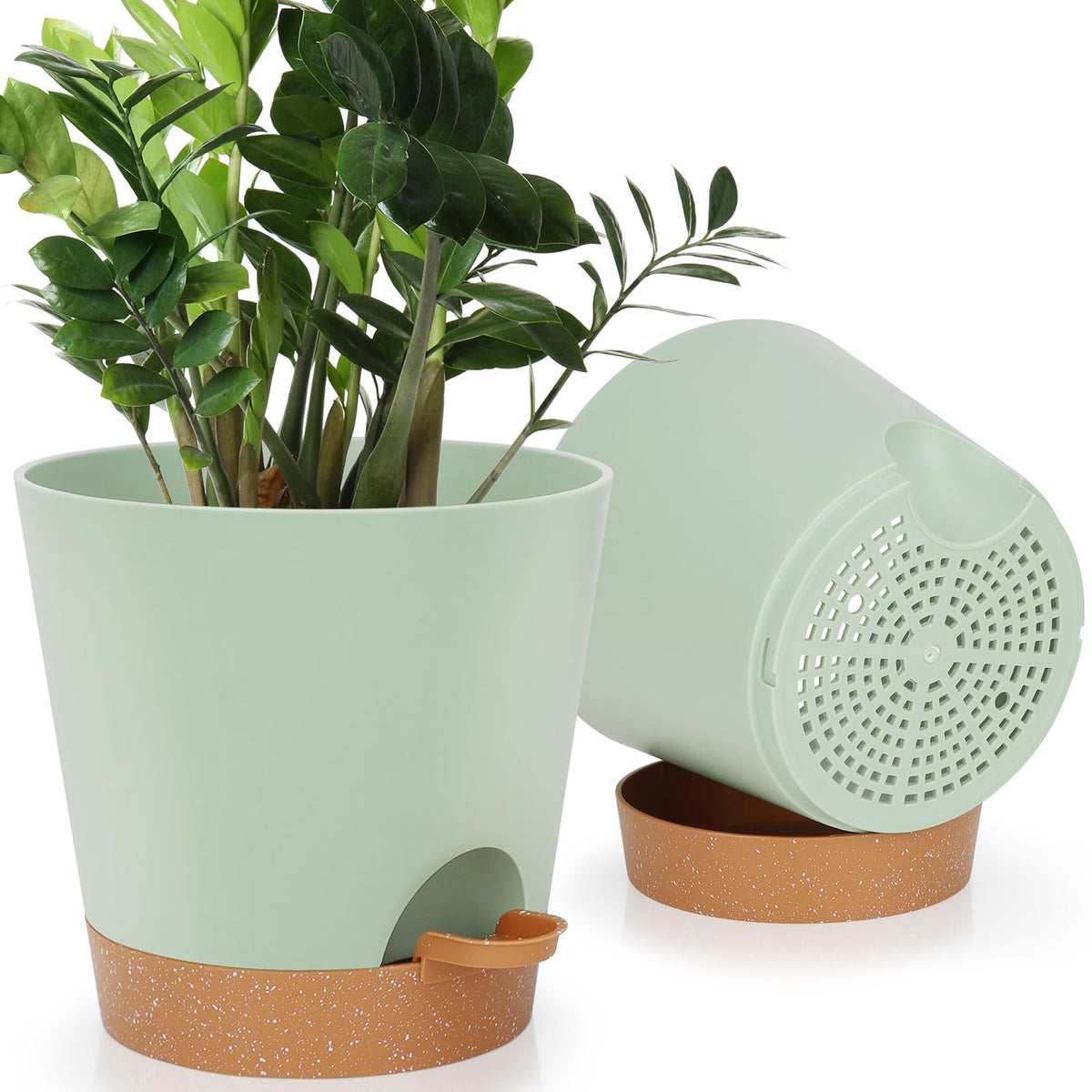 YNNICO 8-Inch Plant Pots, Self-Watering Planters with Drainage Holes & Saucers for Indoor and Outdoor Plants (2-Pack, Green)