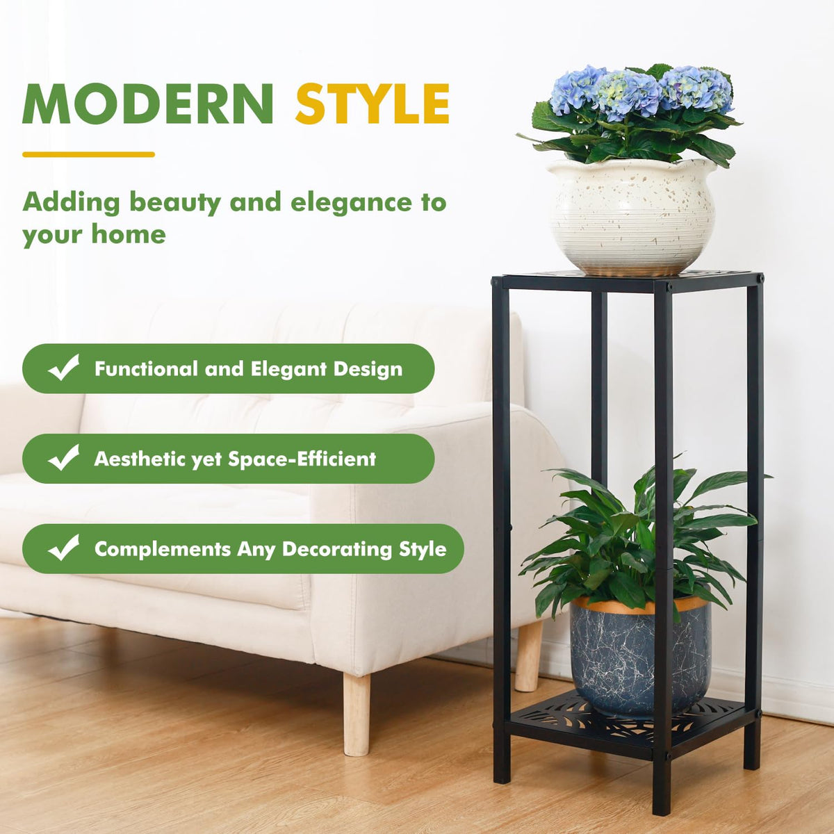 Party Zealot 2-Tier Tall Metal Square Plant Stand 31" Heavy-Duty Modern Flower Pot Rack for Indoor Living Room, Corner Side Table for Outdoor Patio, Garden, and Balcony Black, Leaf
