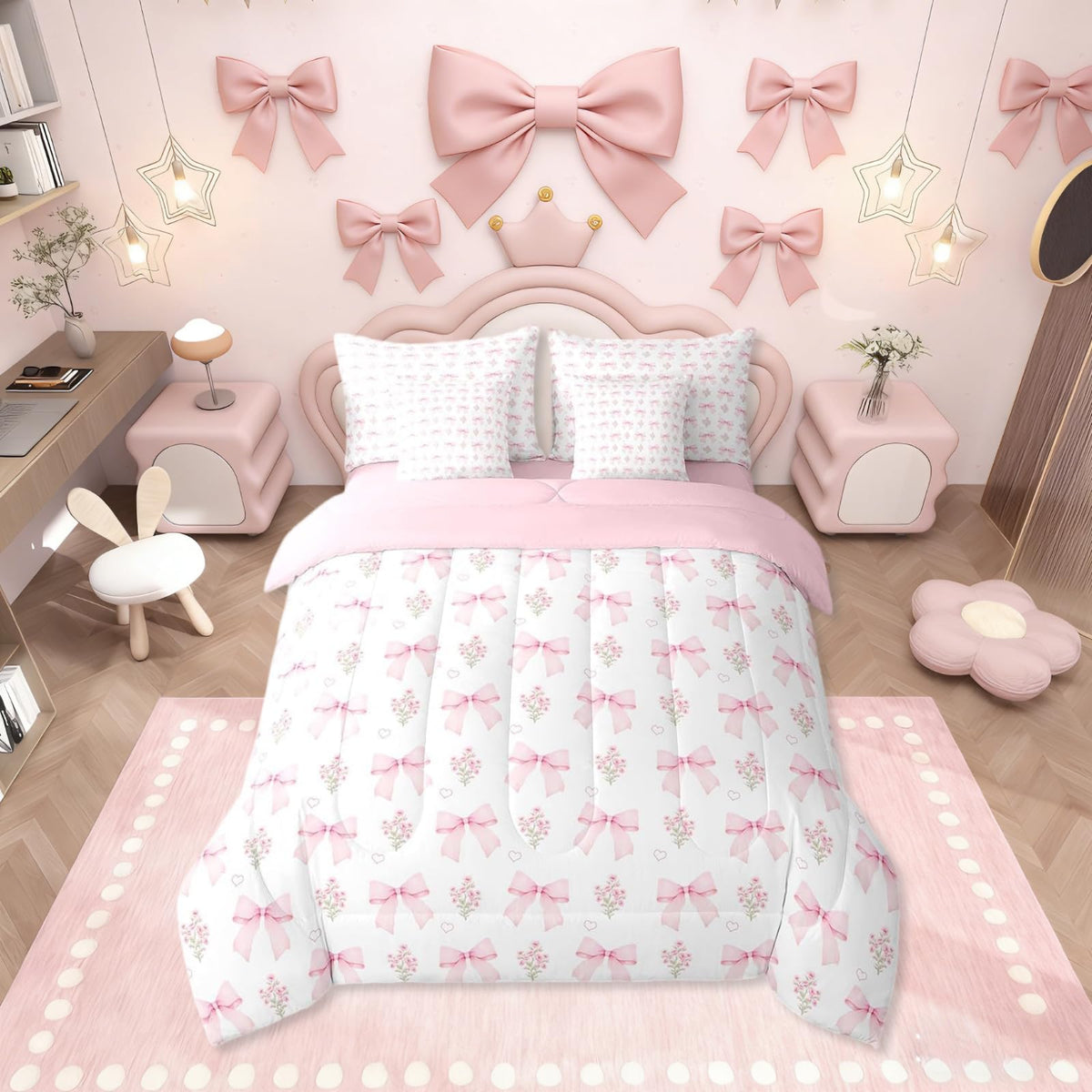 Erosebridal Bow 7 Piece Comforter Set King Bed in a Bag for Girls Kids,Girly Pink Floral Coquette Comforter,Heart Shaped Bow Ties Bedding Sets Dreamy Princess Style Bowknot Sheet Set with Comforter