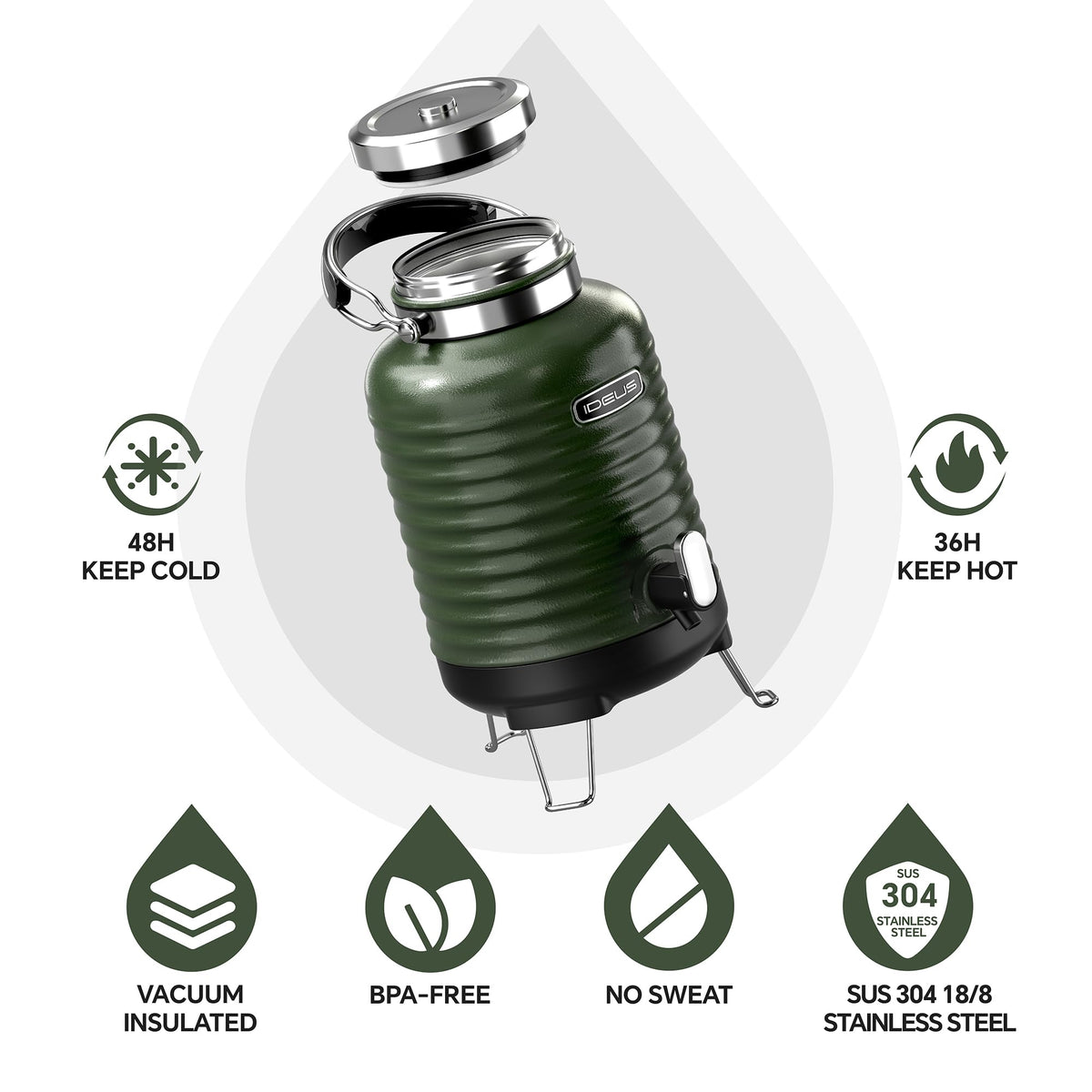 IDEUS Insulated Beverage Dispenser, All-in-one for Camping Vacuum Double-Wall Stainless Steel Water Cooler Coffee Carafe Jug Leakproof Drink Container with Handle, Spigot & Stand (Green, 1,4gal)