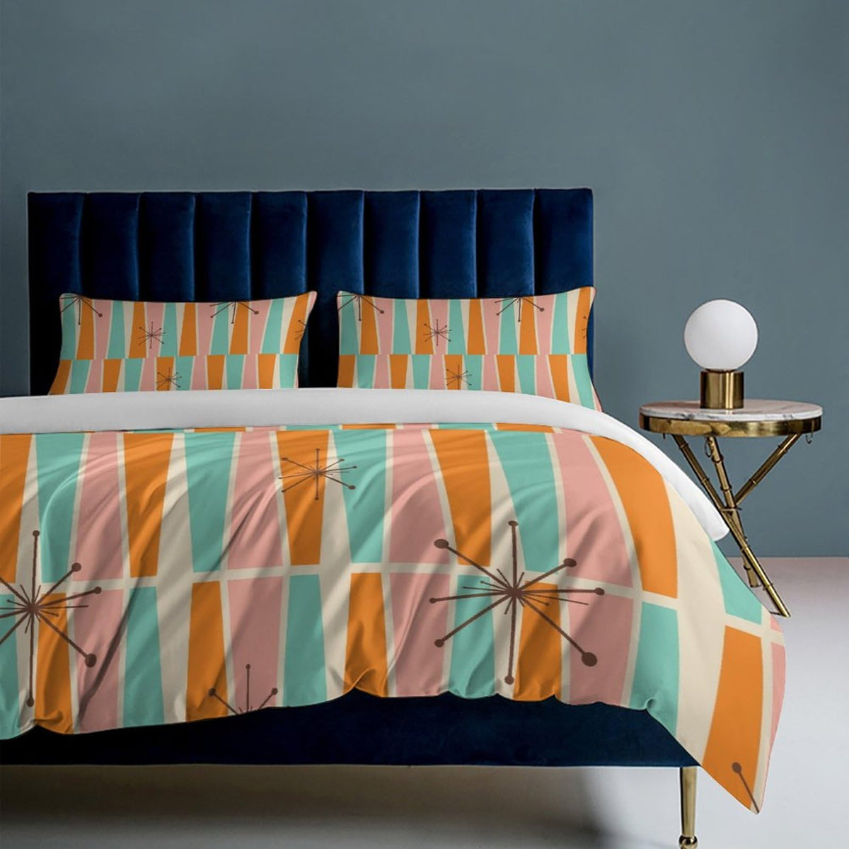 Modern Mid Century Duvet Cover Queen Retro Atomic Bedding Set, Rainbow Grid Comforter Cover Vintage Fifties 1950s Bed Set，Abstract Art Bedding 3 Piece (1 Duvet Cover 86"x70" + 2 Pillow Sham 20"x30")