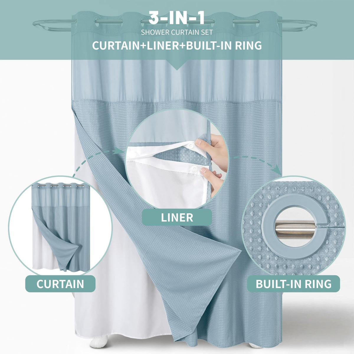 eachope Teal Hook Waffle Weave Shower Curtain with snap-in Liner Replacement, 230GSM Waterproof Fabric Hotel Shower Curtain Set for Bathroom, Through Mesh Top Window,71Wx74H