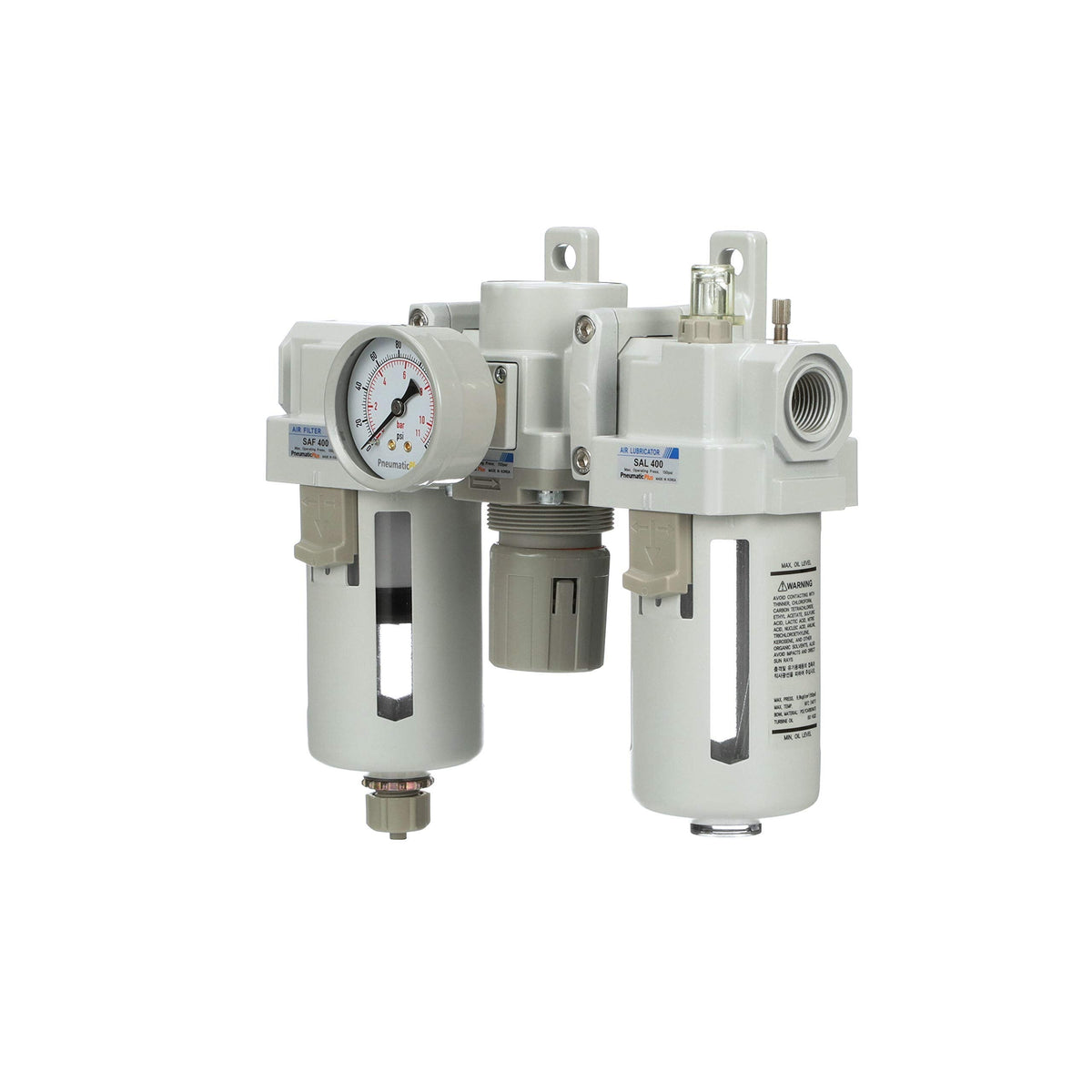 PneumaticPlus SAU400-N04G Compressed Air Filter Regulator Lubricator Combo 1/2" NPT - Poly Bowl, Manual Drain, Bracket, Gauge