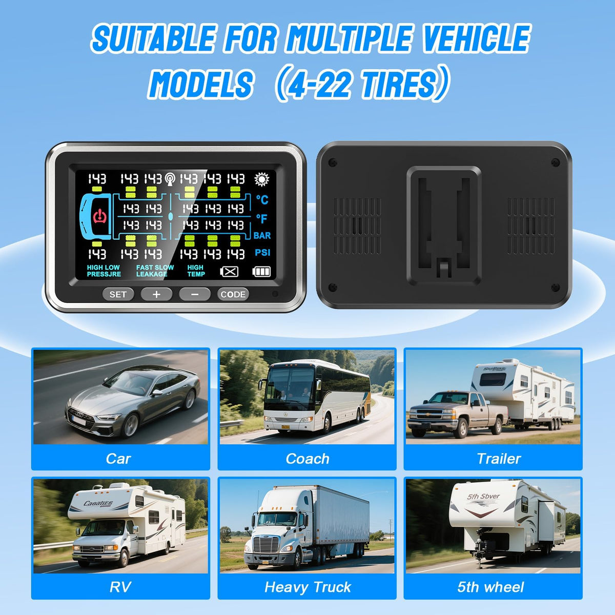 NLNE Trailer Tire Pressure Monitoring System 10 Sensors, 4.5" RV TPMS with Flow Through Sensor,6 Alerts Modes Monitor for Semi Truck/Camper/5th Wheel,Motorhome,Signal Booster,0-188PSI(4-22 Sensors)