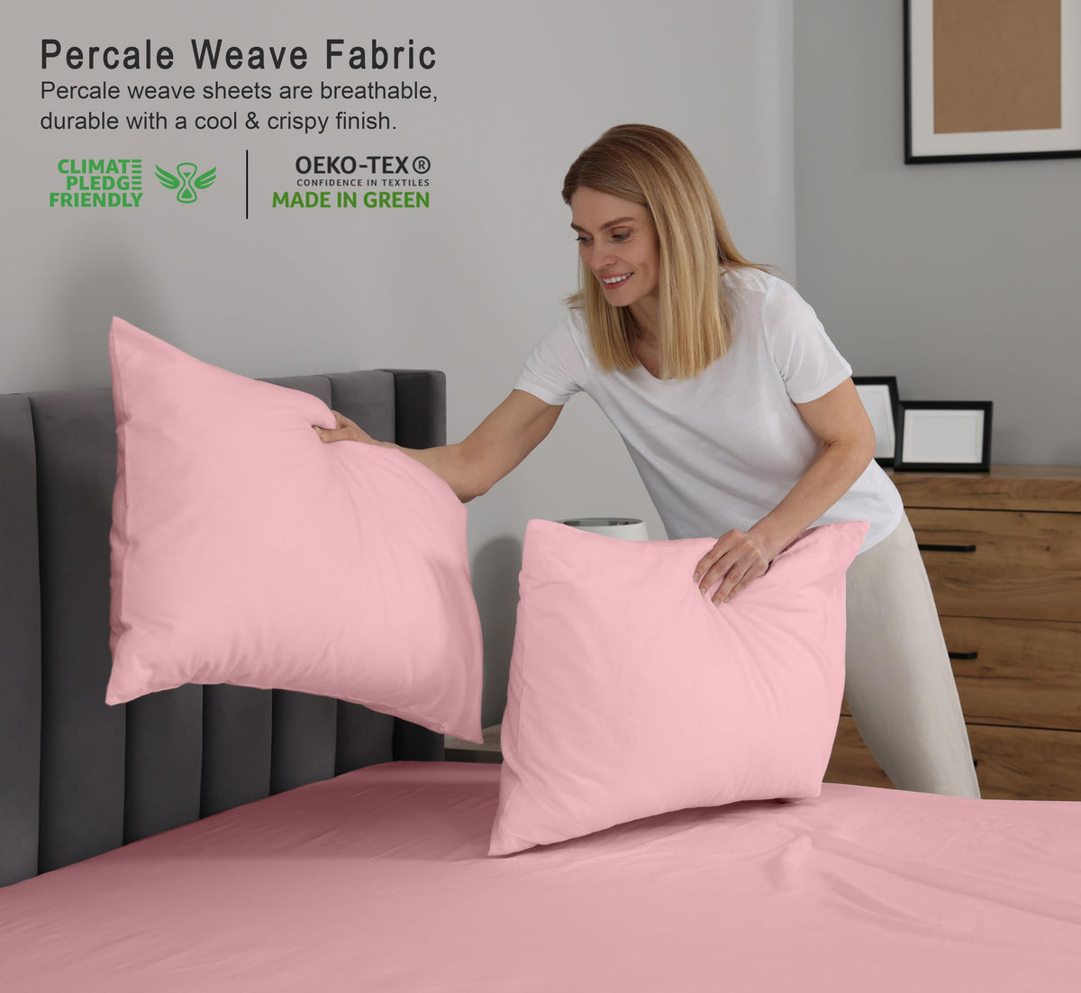 RUVANTI 100% Cotton Percale Sheets Queen Size, Bridal Rose