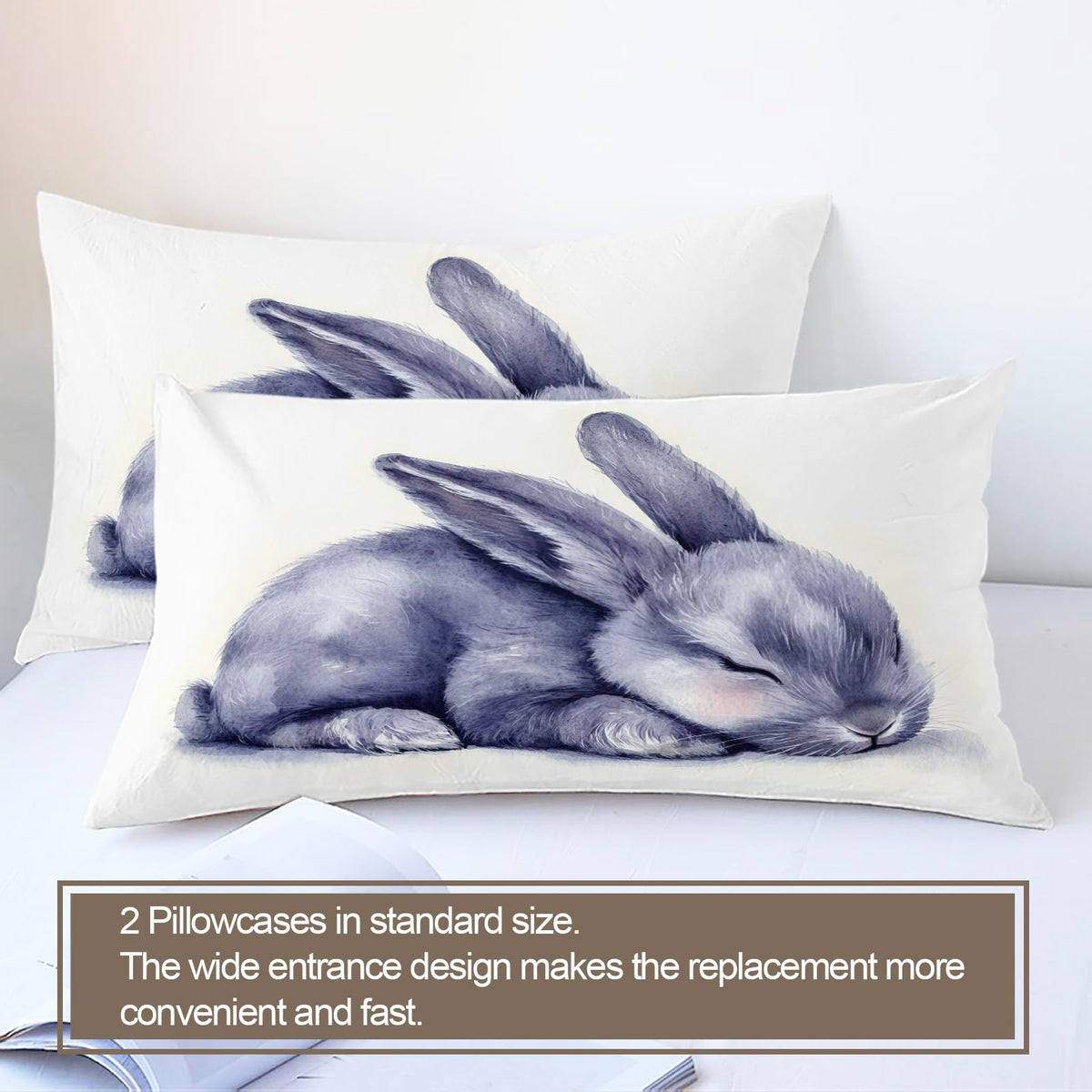 PAISUOQ Rabbit Duvet Cover Queen, Cute Animal Bedding Sets, Sleeping Bunny Comforter Cover with 2 Pillowcases, 3 Pieces with Zipper & Ties, Dorm Decor & Gifts
