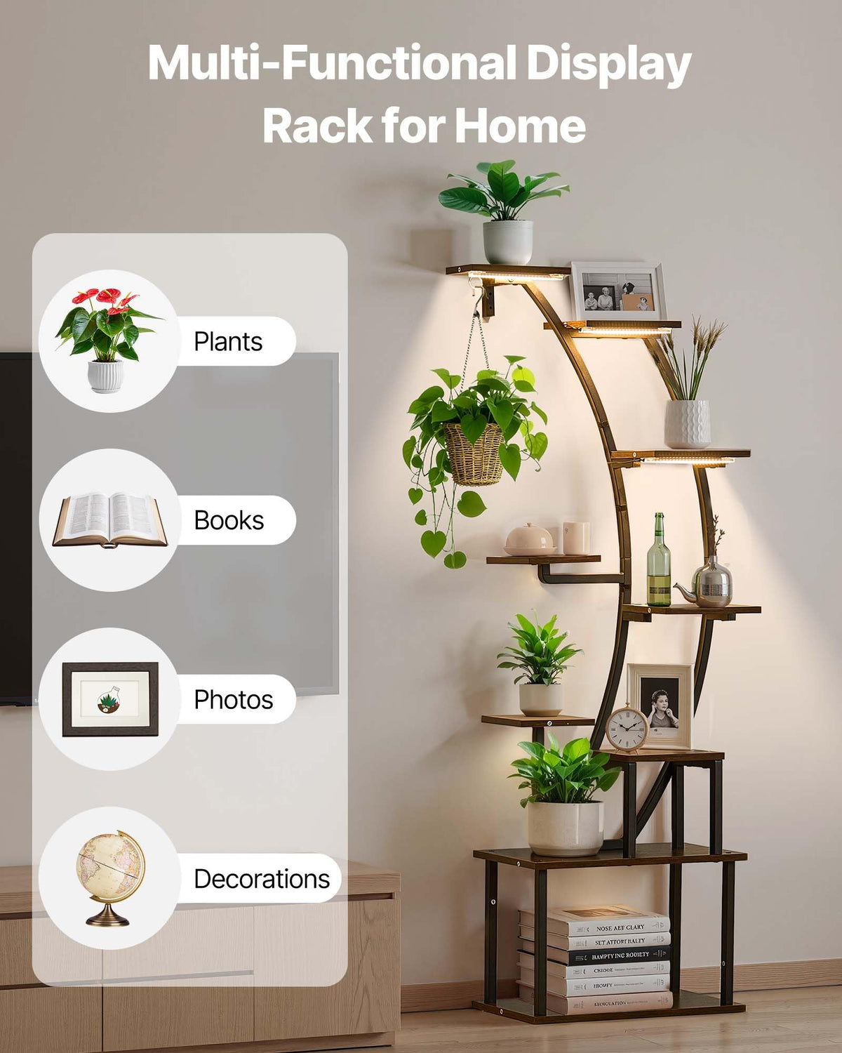 VEVOR Plant Stand Indoor with Grow Lights, 63 in Tall 9-Tier Lighted Plant Shelf, Metal Corner Plants Holder, 3 Timer & 10 Brightness, Curve-Shaped Flower Display Rack for Living Room Balcony Decor