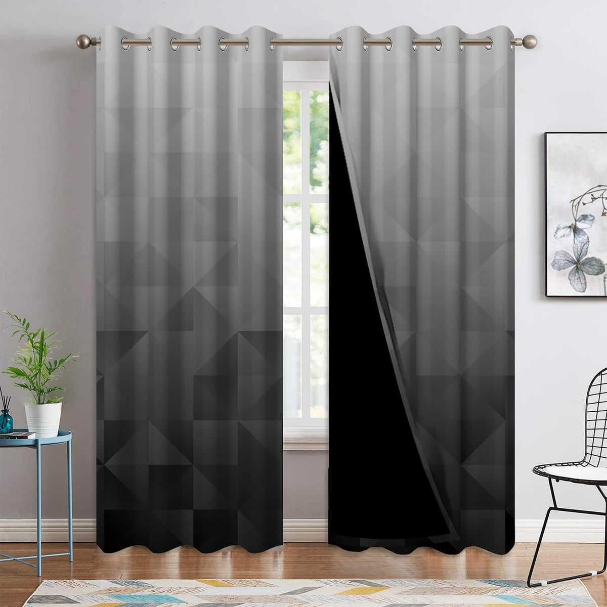 Xiazhilaio Gray Ombre Blackout Curtains 52 x 84 Inch, 2 Panels Gradient Geometric Print Drapes with Grommet Top, Modern Minimalist & Urban Style Window Treatment for Bedroom Living Room
