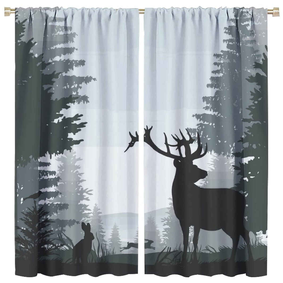 Deer Blackout Curtain,Misty Forest Rustic Wildlife Moose Mountain Elk Rabbit Pine Forest Silhouette Window Curtains Bedroom Living Room Insulated Window Drapes,2 Panels W42 xL45
