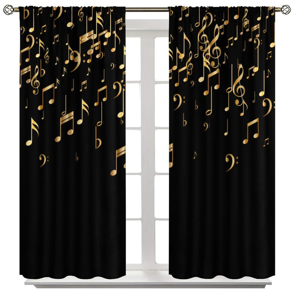 Musical Notes Curtains, Golden Music Note Print Black Background Modern Art Window Treatments Drapes for Living Room Bedroom Kitchen Home 42" W X 45" L(No Blackout)