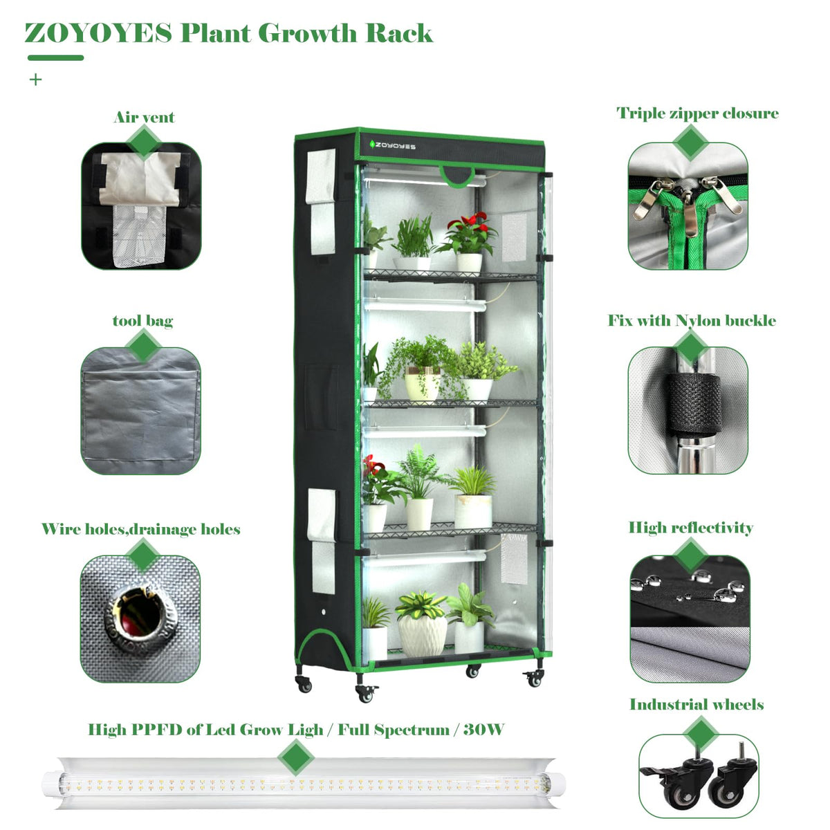 ZOYOYES Indoor Greenhouse with Grow Light, 35.8" W x 17.8" D x 71.8" H, 5-Tier Plant Shelf with 3-Color T8 Growth Lights, Plant Stand with Smart Timing Plug and thermohygrometer