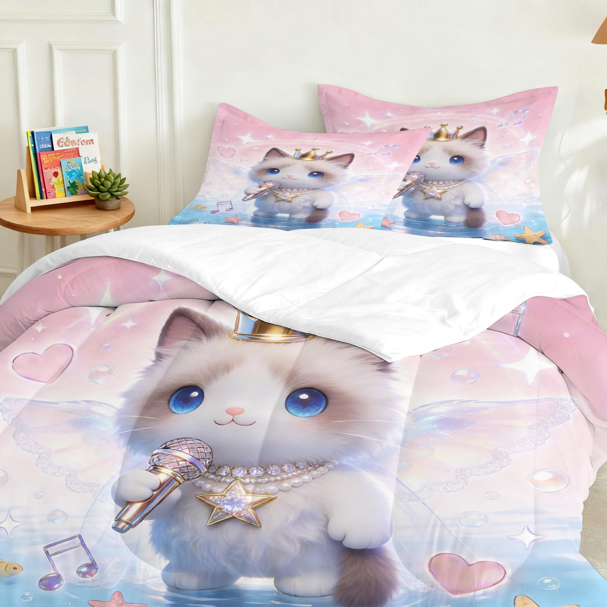 VTKON 3D Cat Bedding Set Twin Size for Girls Kids Teens Soft Kitten Pink Blue Comforter Set Cute Ragdoll Cat Print Pattern Bed Set Singing Angel Animal Quilt Set with 1 Comforter + 1 Pillow Case