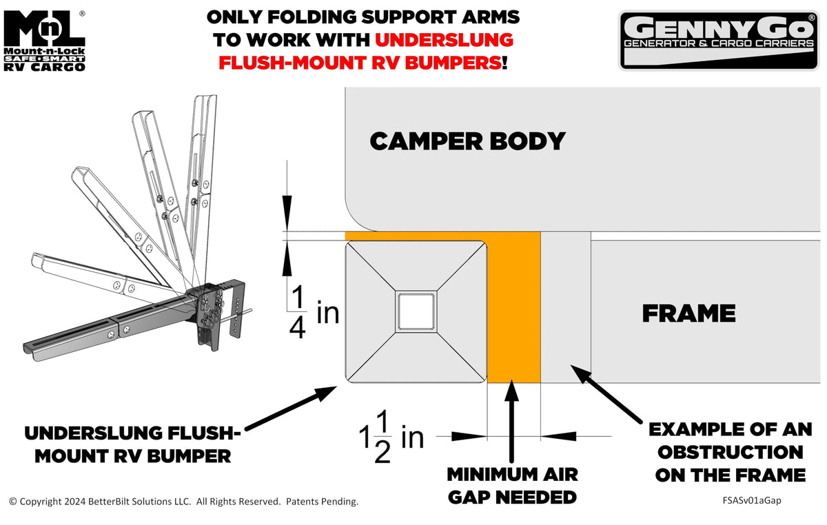 Mount-n-Lock RV Bumper Bundle (2 Items): 1 Set HD SafetyStruts, 1 Pair GennyGo Folding Arms (1SNUHD, 2FSAS)