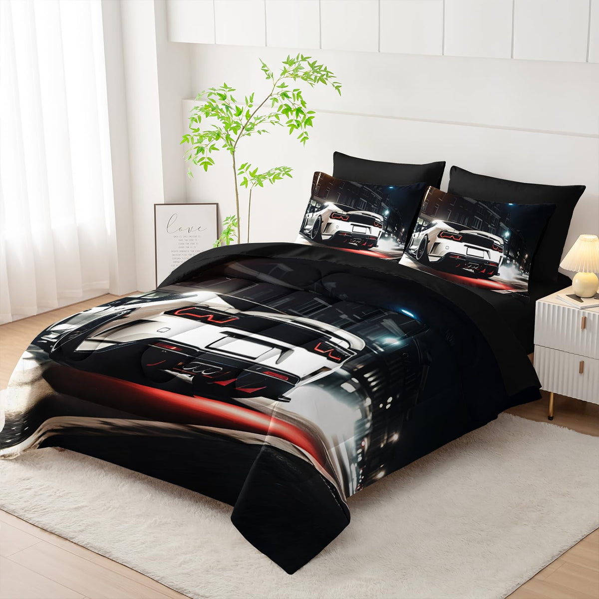 Nttopship Sports Car Comforter Set Full Size 7PCS, White Racing Car Bedding Set 7 Piece in A Bag, Bed Sheet Set White Racing Car Decor, Microfiber Lightweight All Season