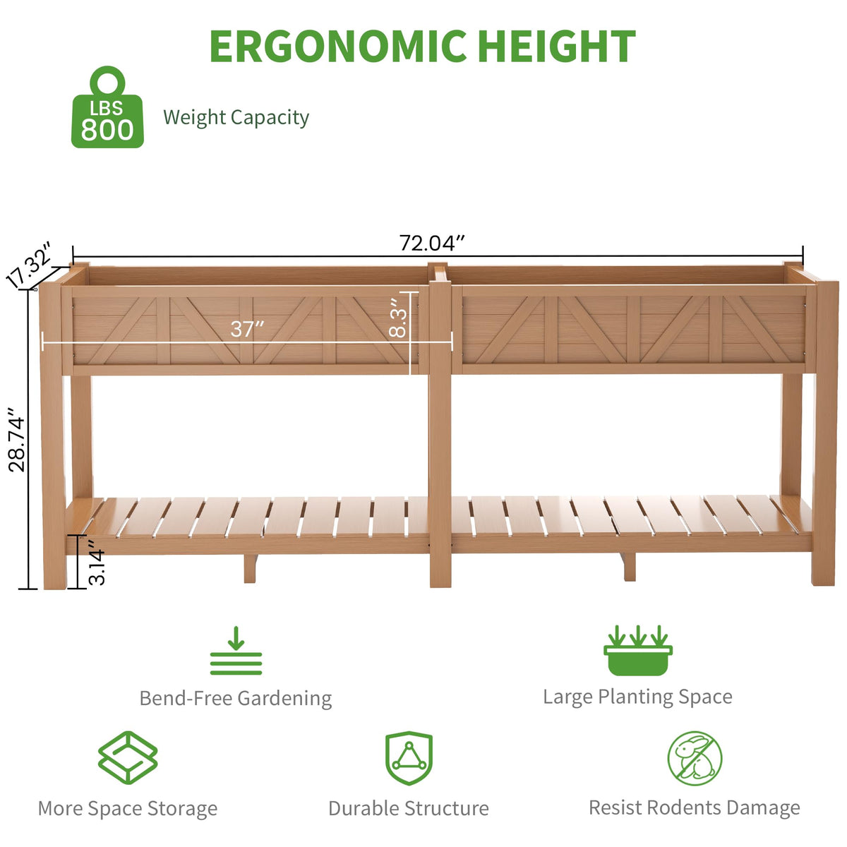 HIPS Elevated Raised Garden Bed with Legs,72"L x 17.3"W x 28.7"H Large Outdoor Planter Box with Storage Rack,All-Weather Raised Bed Planters with 6 Hooks & 2 Non-Woven Liner for Vegetables Flower Herb