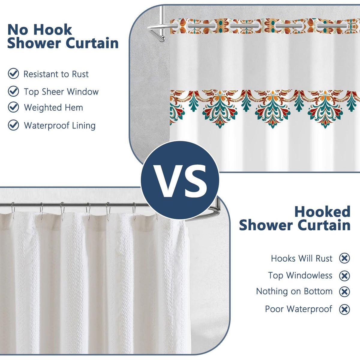 Boho Paisley Damask Shower Curtain with Snap in Liner, Vintage Bohemian Red Floral Exotic Bathroom Curtains, Double Layers Waterproof Fabric No Hook Shower Curtain and Weighted Hem, 71x74 Inch