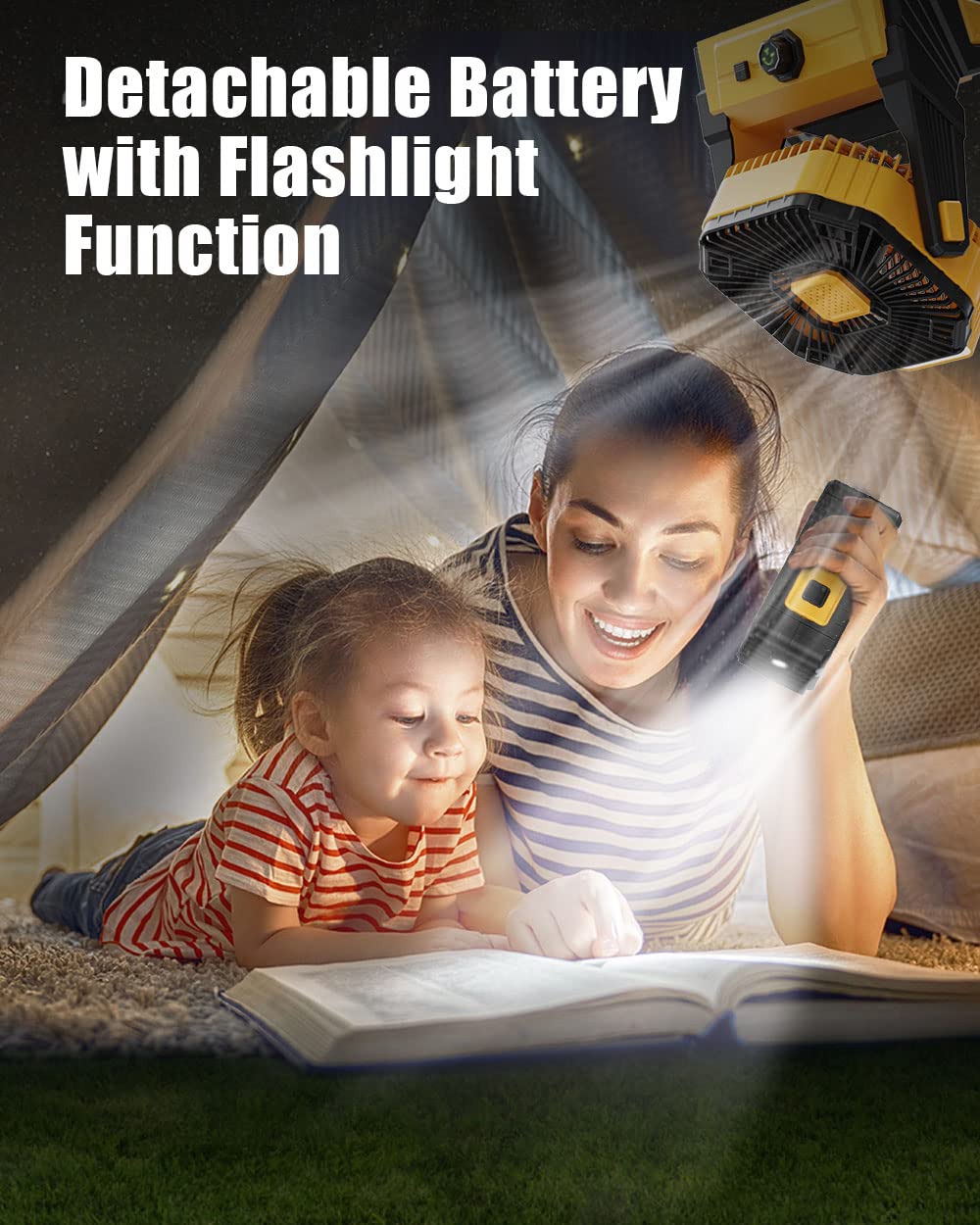 KopBeau Battery Operated Fan, 20800mAh Detachable, Camping Fan with LED Light & Hook for Tent, Outdoor USB Portable Fan Rechargeable for Travel, Hurricane, Hiking, Jobsite, Yellow