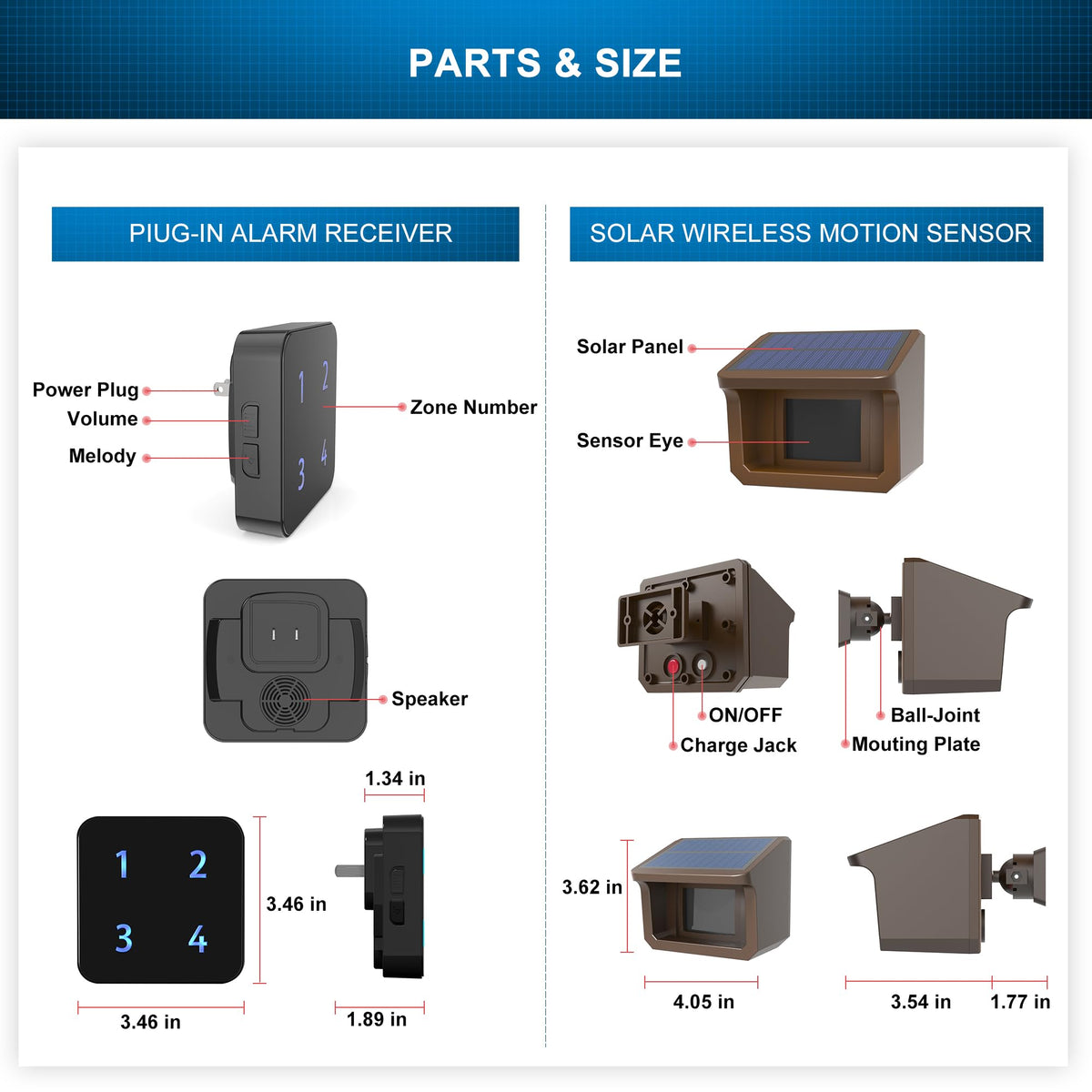 Driveway Alarm System- Solar Driveway Alarms- 3 Adjustable Sensitivities-Fully Weatherproof Outdoor Motion Sensor&Detector DIY Security Alert System-1 Receiver and 4 Sensors KIT
