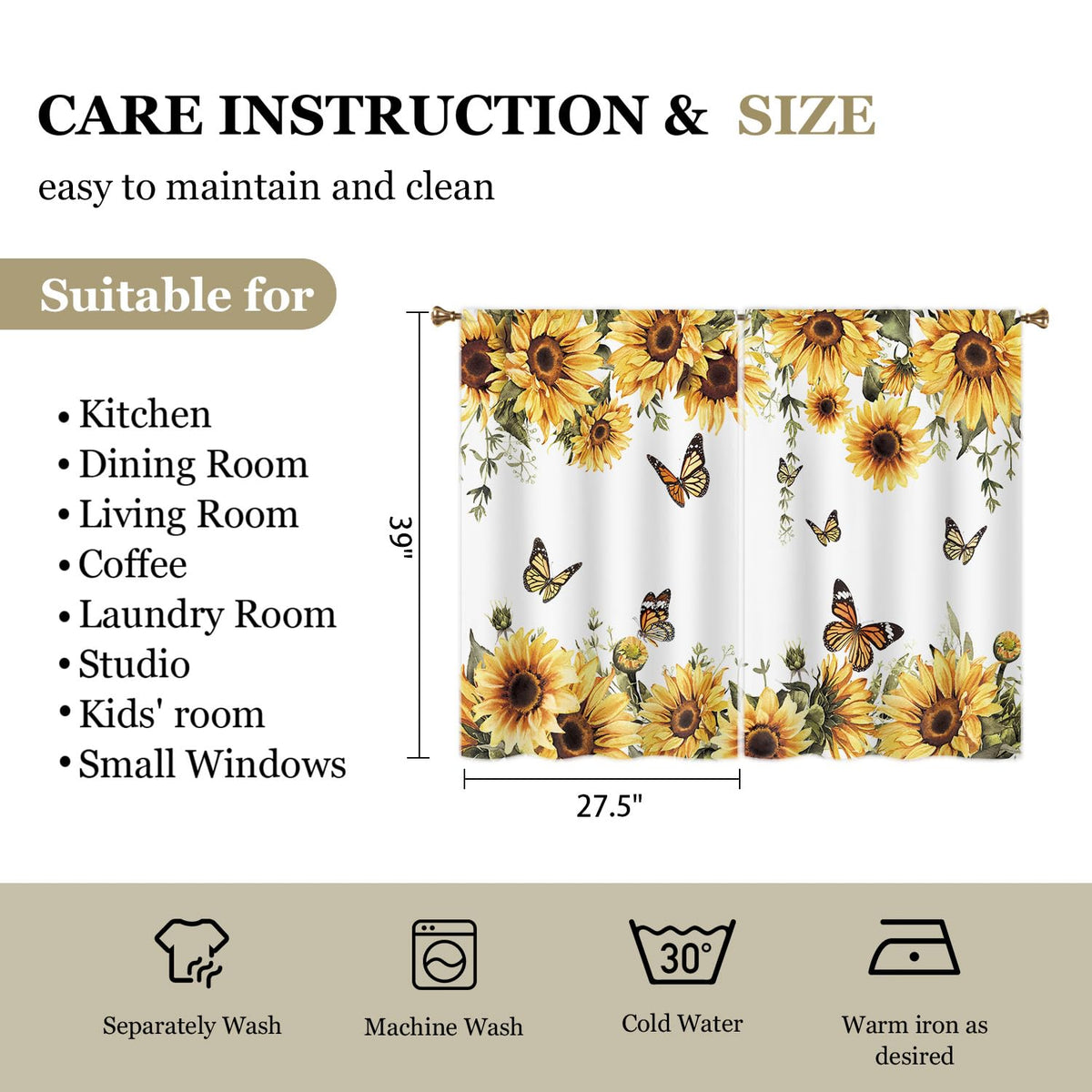 Cizuug Sunflower Yellow Floral Kitchen Curtain Rustic Country Flower Butterfly Farmhouse Over Sink Small Short Cafe Tier Bright Window Drapes Bathroom Home Decor 2 Panels