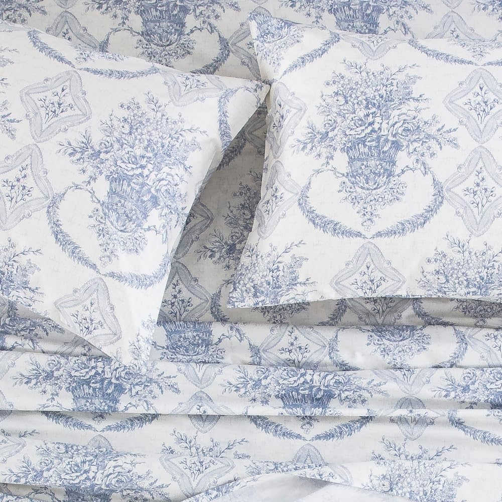 DAUAOTO Full Size 100% Cotton Bedding Printed Sheets Set. Up to 14" Deep Mattress, Farmhouse Country Cottage Pattern Bedlinen Sets, French Blue