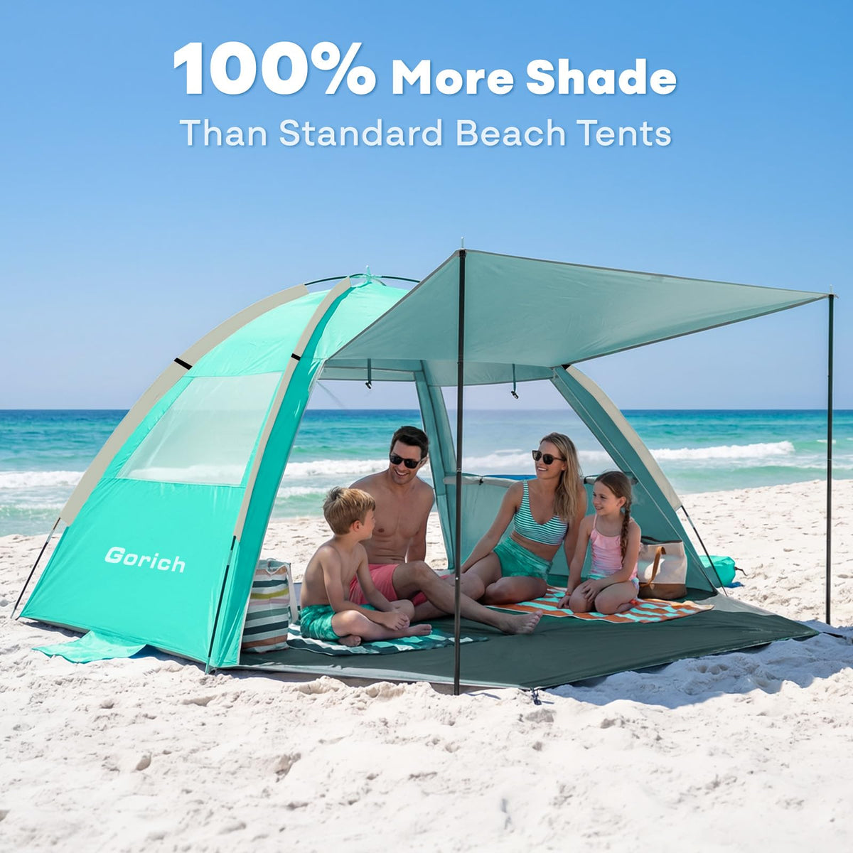 Gorich Beach Tent Sun Shelter with Canopy, Easy Setup UPF50+ UV Protection Sun Shade for 3-4/5-6/7-8 Person, Lightweight & Compact Beach Umbrella for Family Travel