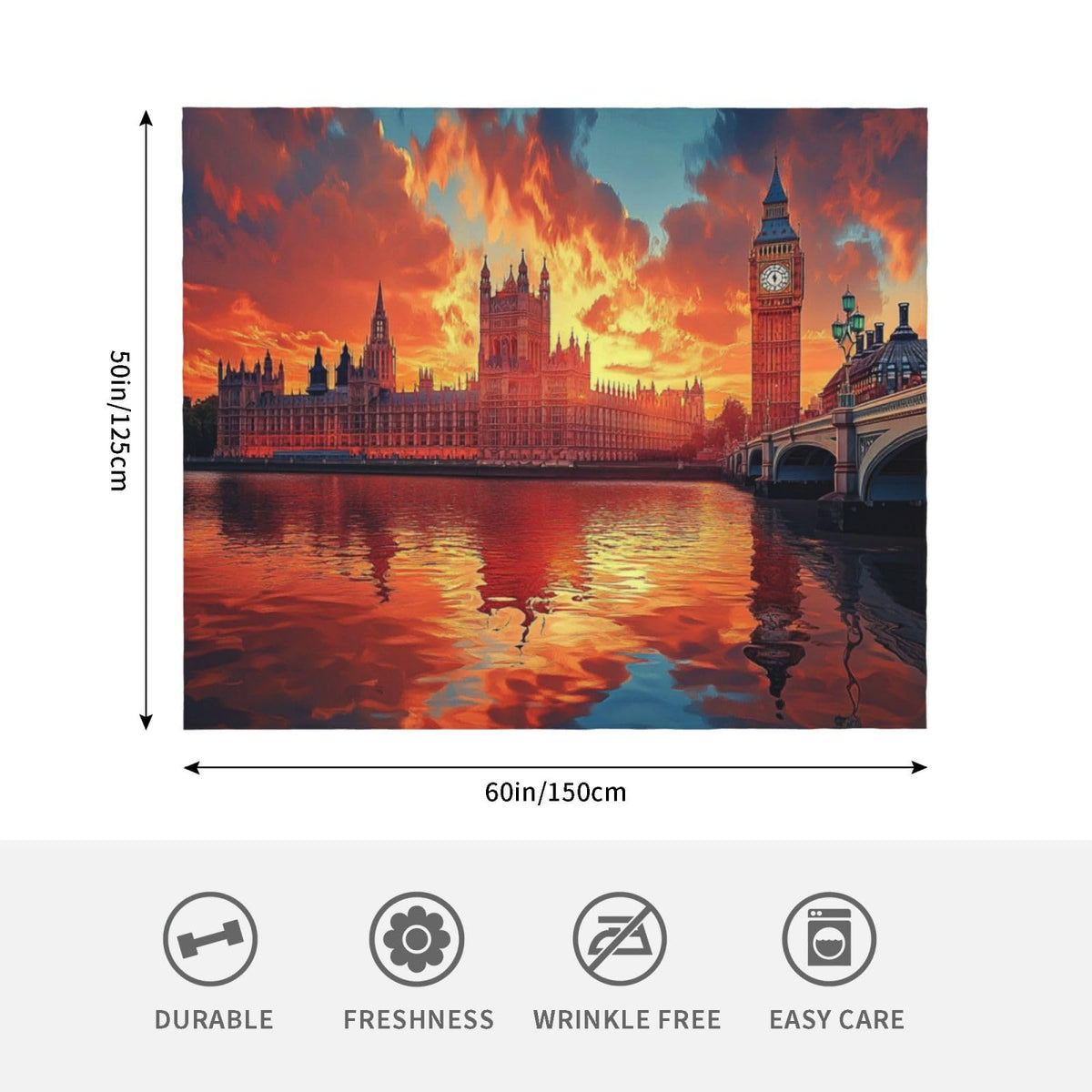 CDSASHCA Ultra-Soft Micro Fleece Blanket,London Skyline At Sunset With Big Ben,Thames Reflection Art,Lightweight Warm For Couch Bed,Hypoallergenic Anti-Pilling,Machine-Washable Travel Decor 50X60 Inch