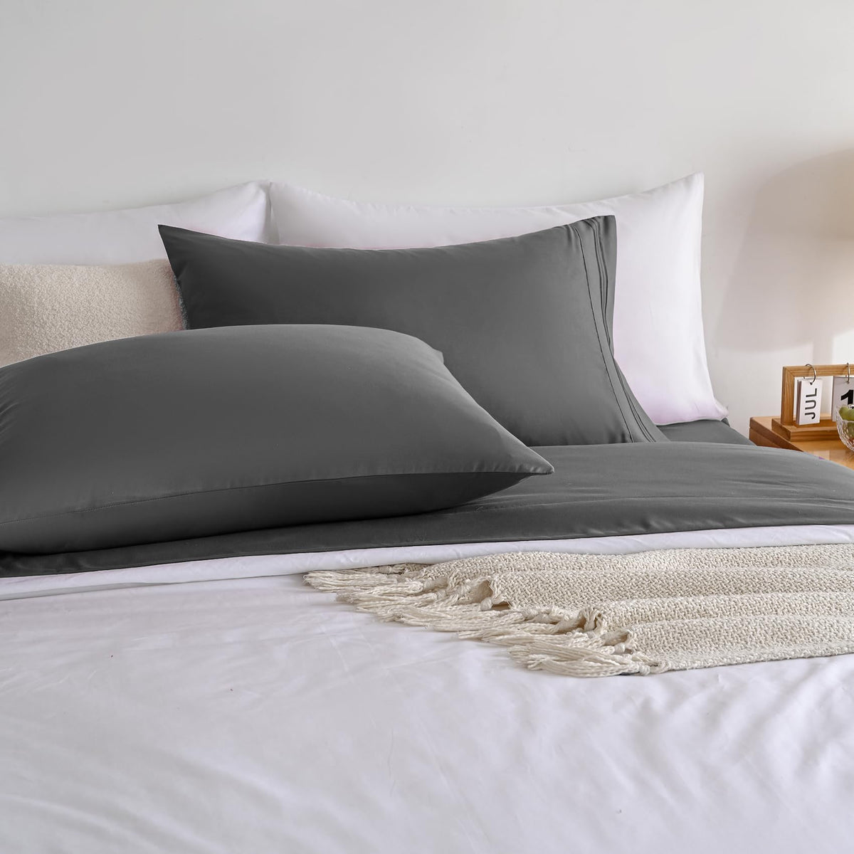 Yibeizi Queen Sheet Set Cooling Sheets Deep Pocket Queen Size Bed Sheets Set, Grey Soft Microfiber Oeko-Tex Sheets & Pillowcases Hypoallergenic Wrinkle Free Bedsheets