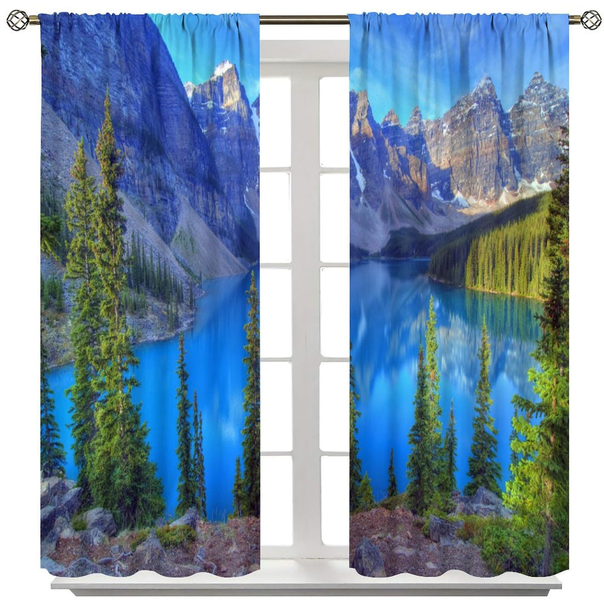AAVEUP Nature Landscape Curtains for Kitchen,Forest Tree River Mountain Scenery Scene Design Print Window Drapes for Boys Girls Bedroom Living Room 42x45in