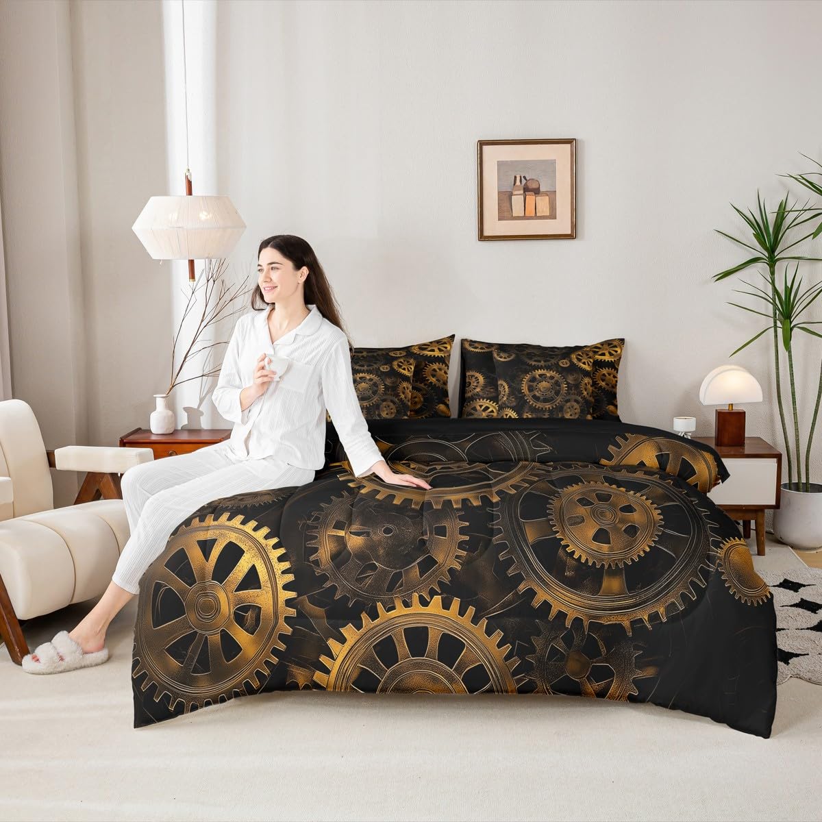 Erosebridal Golden Ndustrial Gear Full Comforter Set, Steampunk Style 7-Piece Bed in A Bag, Clocks Theme Sheets and Pillowcases, Retro Mechanical Device Kids Adult Bed Sets
