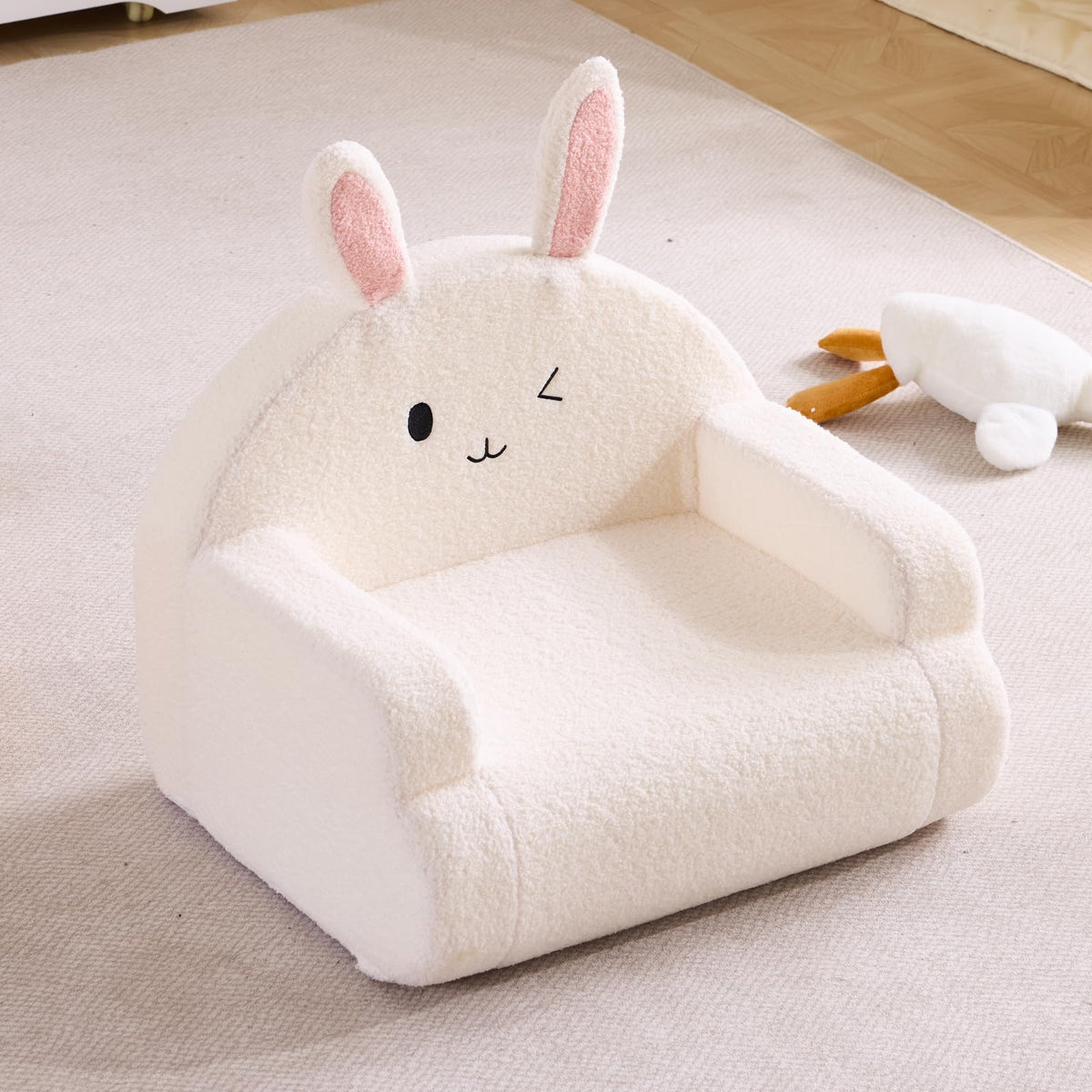 Karl home Toddler Chair Comfy, Toddler Reading Chair, Cute Animal Series Kid's Chair, Foam Kids Sofa with Soft Teddy Plush, Outdoor Furniture for Backyard Patio Garden Playroom Preschool, White Bunny