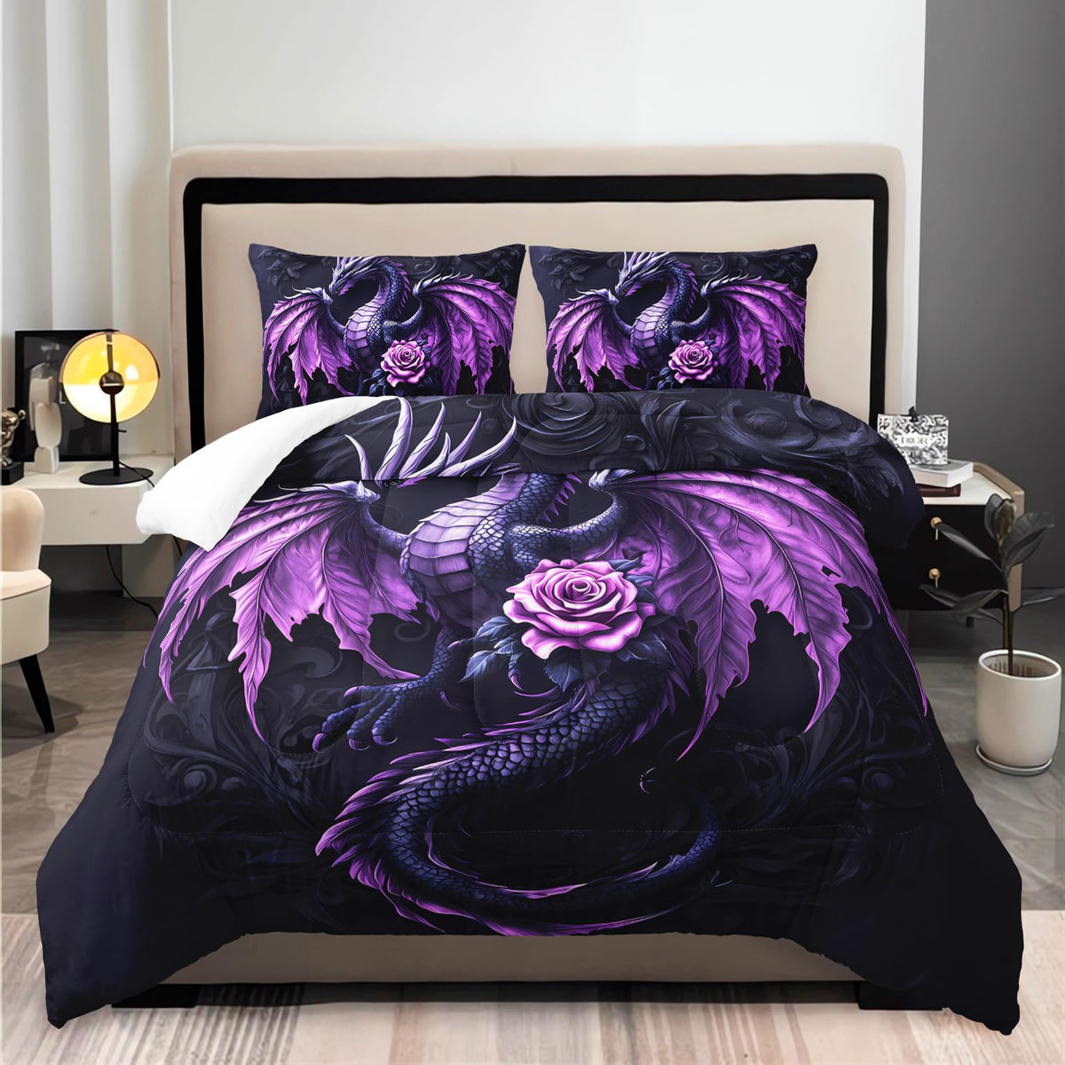 XYNHML Western Dark Purple Fantasy Dragon Comforter 3Pcs Twin Wild Animal Dragon Floral Bedding Set for Kid Teen Girl Boy Teen Adult Mysterious Pattern Quilt Bed Decor with 1 Comforter+2 Pillowcases