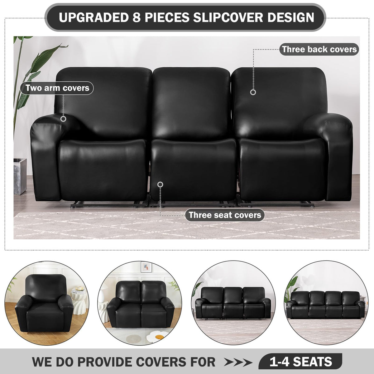 vctops 8 Pieces Waterproof Faux PU Leather Recliner Sofa Covers Stretch Soft 3 Seats Couch Cover Anti-Slip Sofa Slipcover Furniture Protector with Elastic Bottom for Kids Pet(Black,3 Seat)
