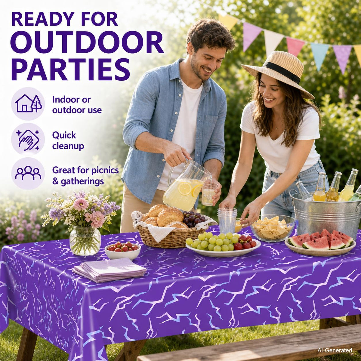 ANLLECR 3Pcs 54 x 108 Inch Purple Demon Lightning Theme Disposable Tablecloth, Waterproof Plastic Table Cover for Birthday Party, Music Themed Party, Halloween & Event Decorations