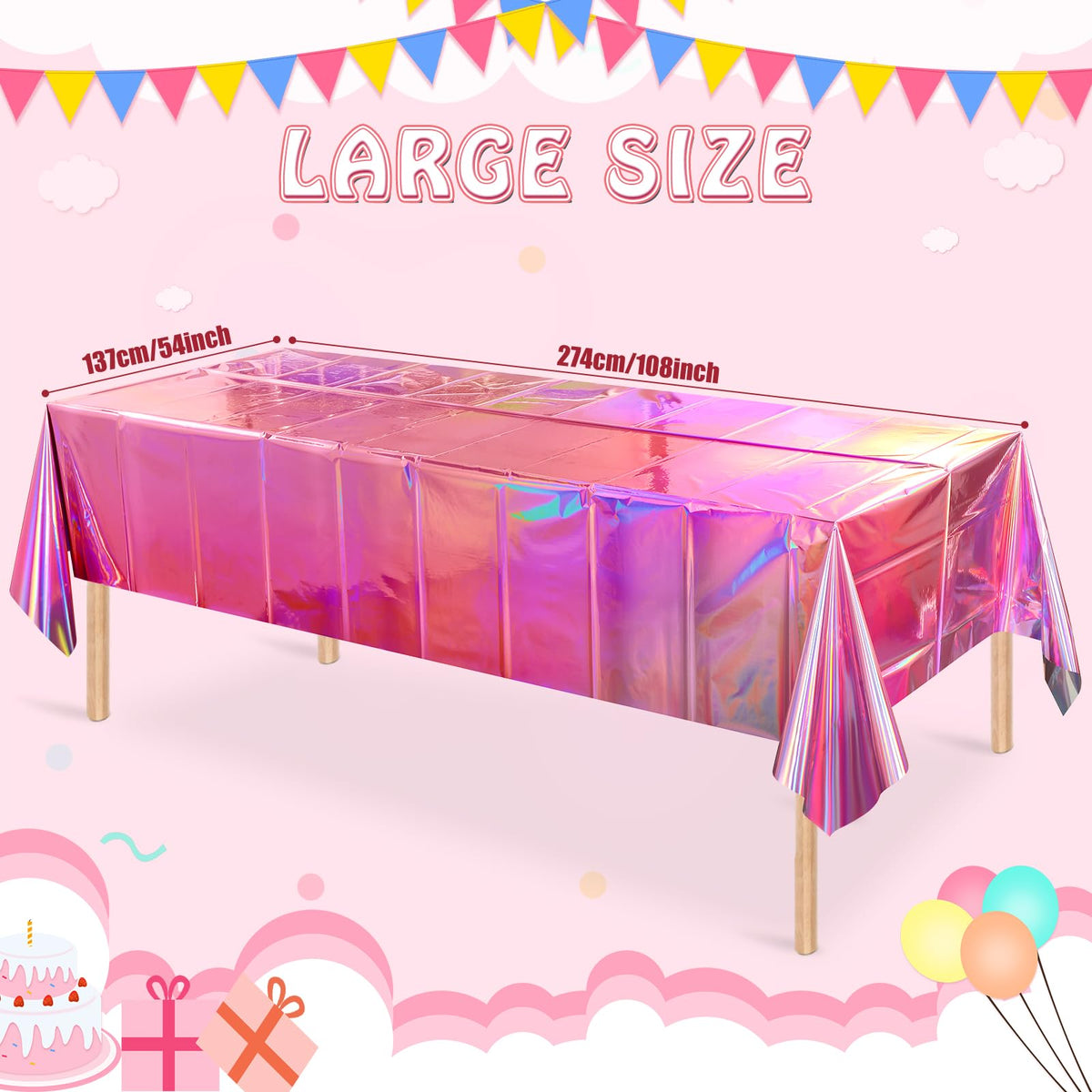 4 Pack Iridescent Pink Plastic Tablecloths, FunnyPars Shiny Disposable Laser Rectangle Table Covers, Holographic Foil Tablecloth Iridescent Party Decorations for Kpop Birthday Wedding Xmas, 54x108Inch