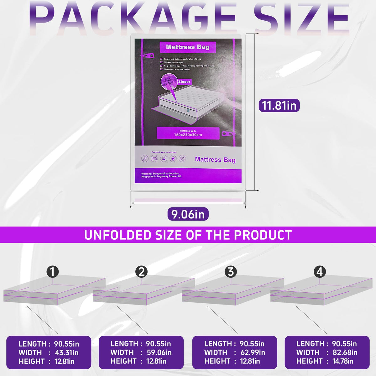 Gooo&Ma 6Mil Heavy Duty Mattress Bag for Moving & Storage - Waterproof Zippered Mattress Cover, Tear-Proof Dust-Proof Reusable Plastic Encasement, Fits Up to 14 Inch Mattress（Full、Purple）