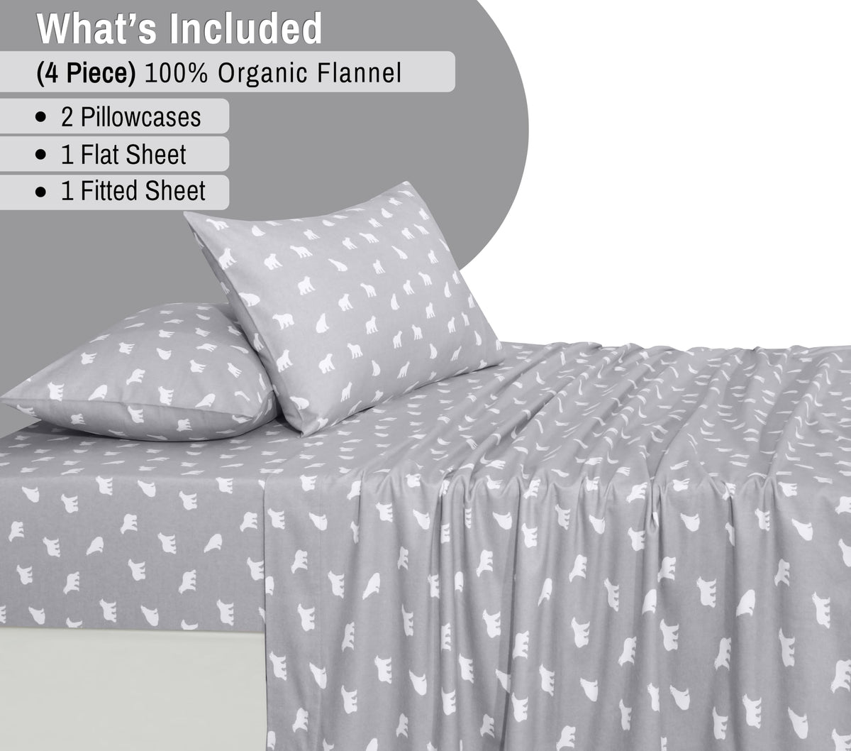 RUVANTI Flannel Sheets Queen Size - GOTS Certified 100% Organic Cotton, 4 Piece Warm, Soft & Breathable Set, Deep Pocket Snug Fit, Double Brushed Cozy All Season Bedding, Baby Bear