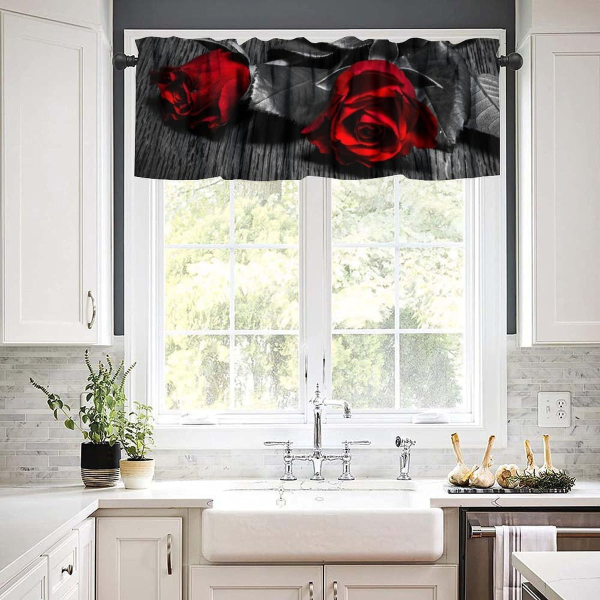 AAVEUP Rose Valance Curtain Romantic Retro Country Style Black and White Elegant Art Red Rose Valances Window Treatment for Kitchen Girls Bedroom Living Room 54x18In