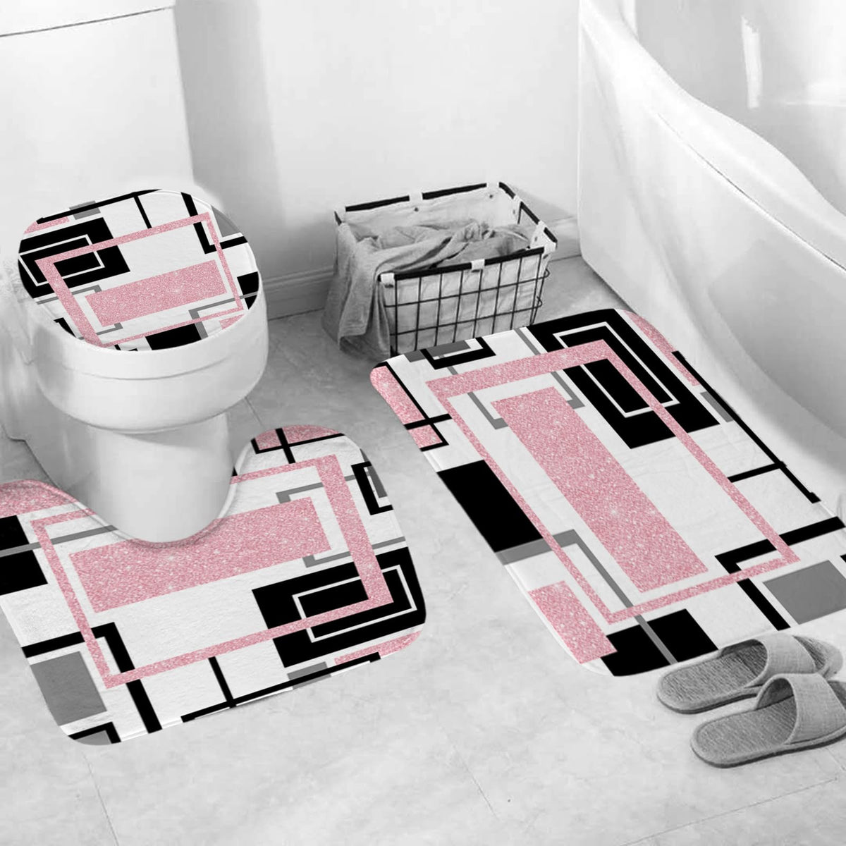 Onalasyc 4Pcs Pink Geometric Shower Curtain with Rugs Set Waterproof Pink Bathroom Sets with Shower Curtain and Rugs Abstract Geometric Modern Bathroom Curtains Shower Set with 12 pcs Hooks