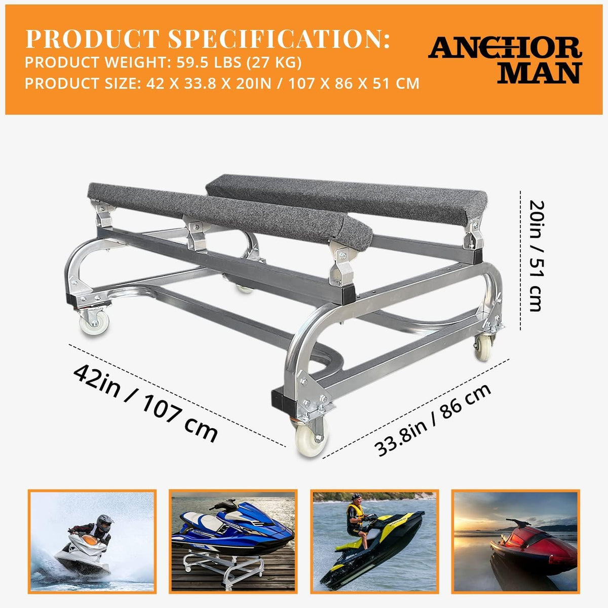 Anchor-Man Jet Ski Dolly, Small Boat Dolly Jetski Stand for Moving Watercraft, Adjustable Jet Ski Trailer with 4 Casters & 2 Brakes, Heavy-Duty Boat Stands Floating Jet Ski Dock, 1300 Lbs Capacity