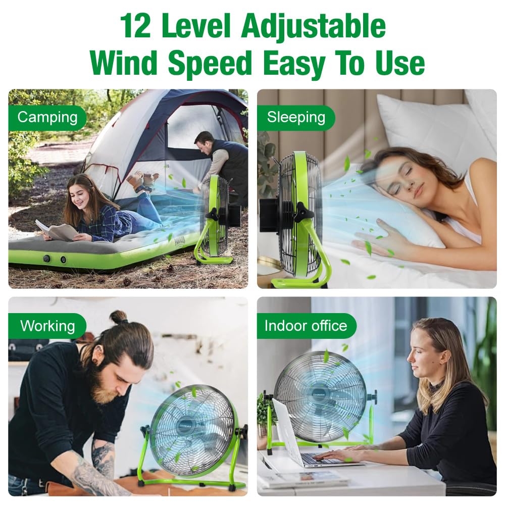 COORHEIX 12'' Solar Powered Floor Fan Rechargeable, 18000mAh Battery Operated Fan 5-Blade Portable Outdoor Fan 360° Tilt for Outside, Greenhouse, Camping, Shed
