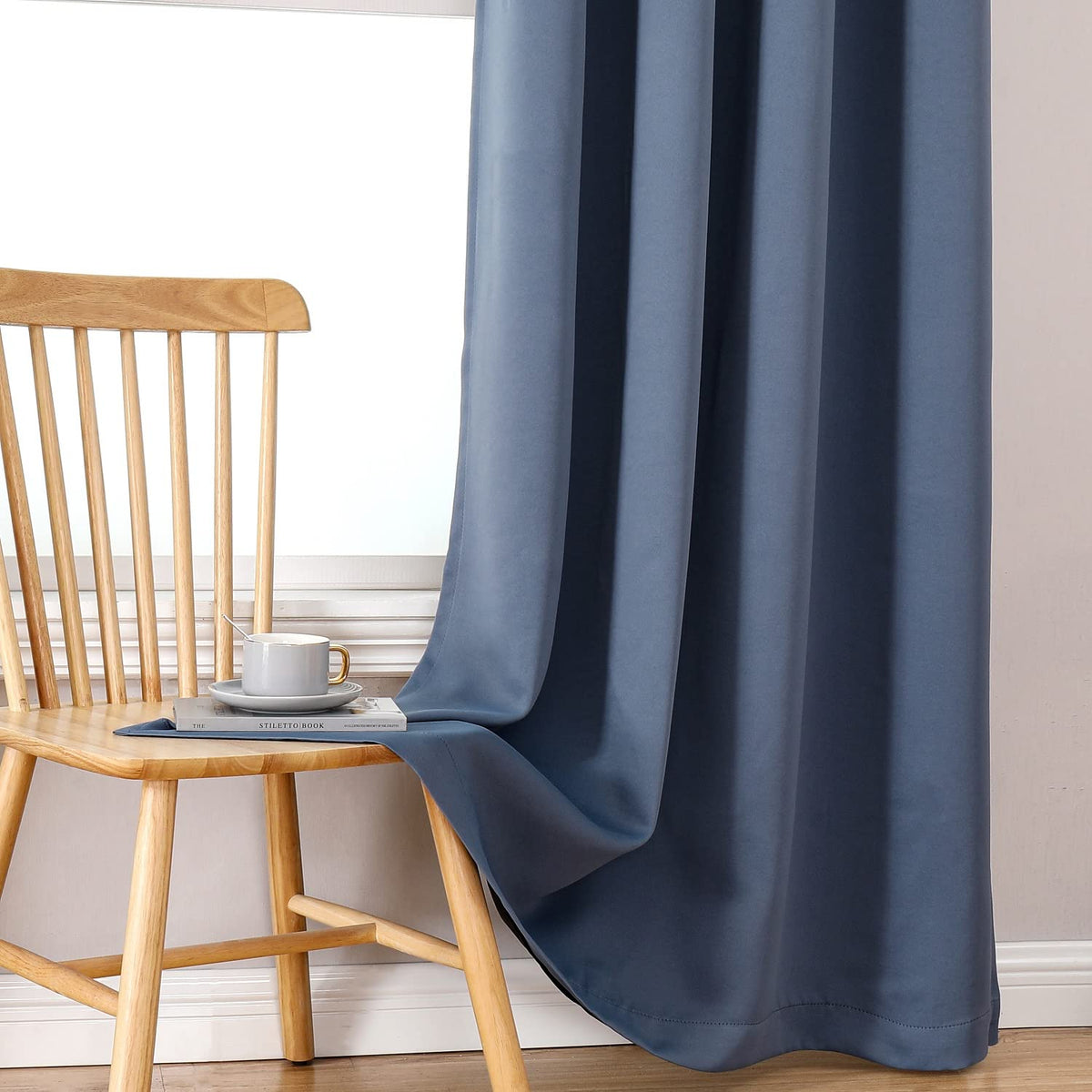 ChrisDowa 100% Blackout Curtains for Bedroom with Black Liner, 2 Thick Layers Total Blackout Thermal Insulated Grommet Window Curtains 2 Panels Set (Stone Blue, 52 x 63 Inch)